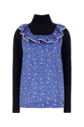 Miu Miu Floral-Print Poplin with Ruffle Collar Blouse — Blue