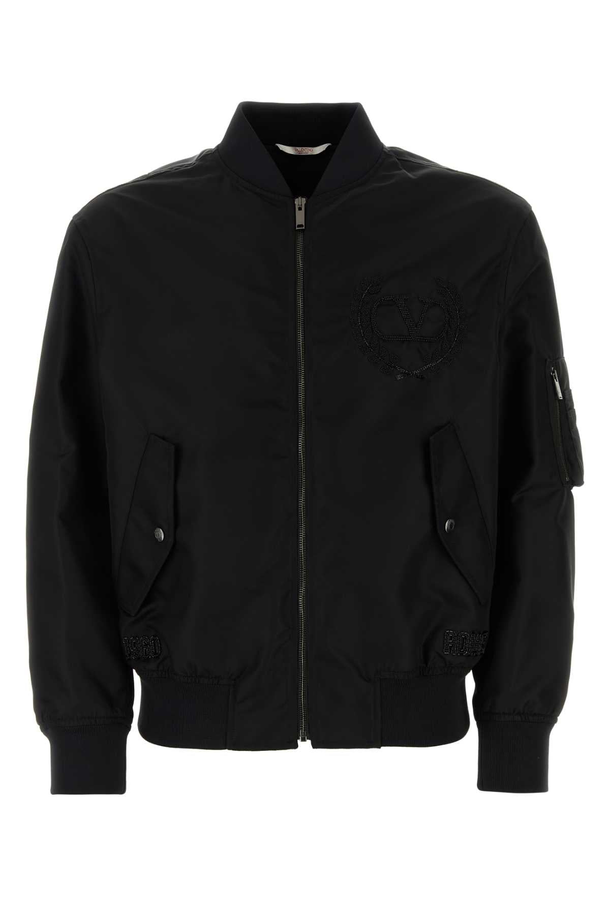 Valentino Garavani Nylon with Logo Embroidery Bomber Jacket — Black