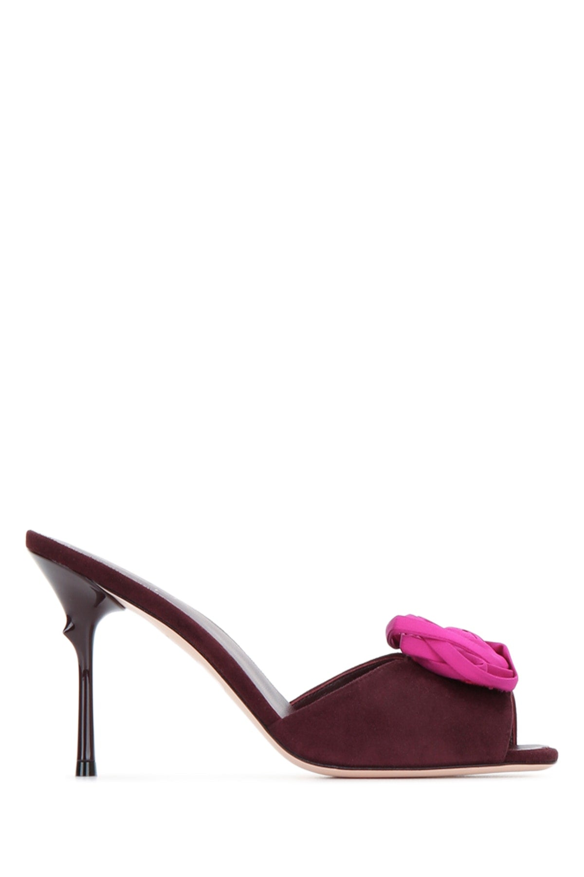 Roger Vivier Bow-Embellished Suede Mule Heel — Burgundy