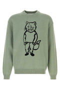 Maison Kitsune Cat-Embroidered Cotton Blend Sweater — Green