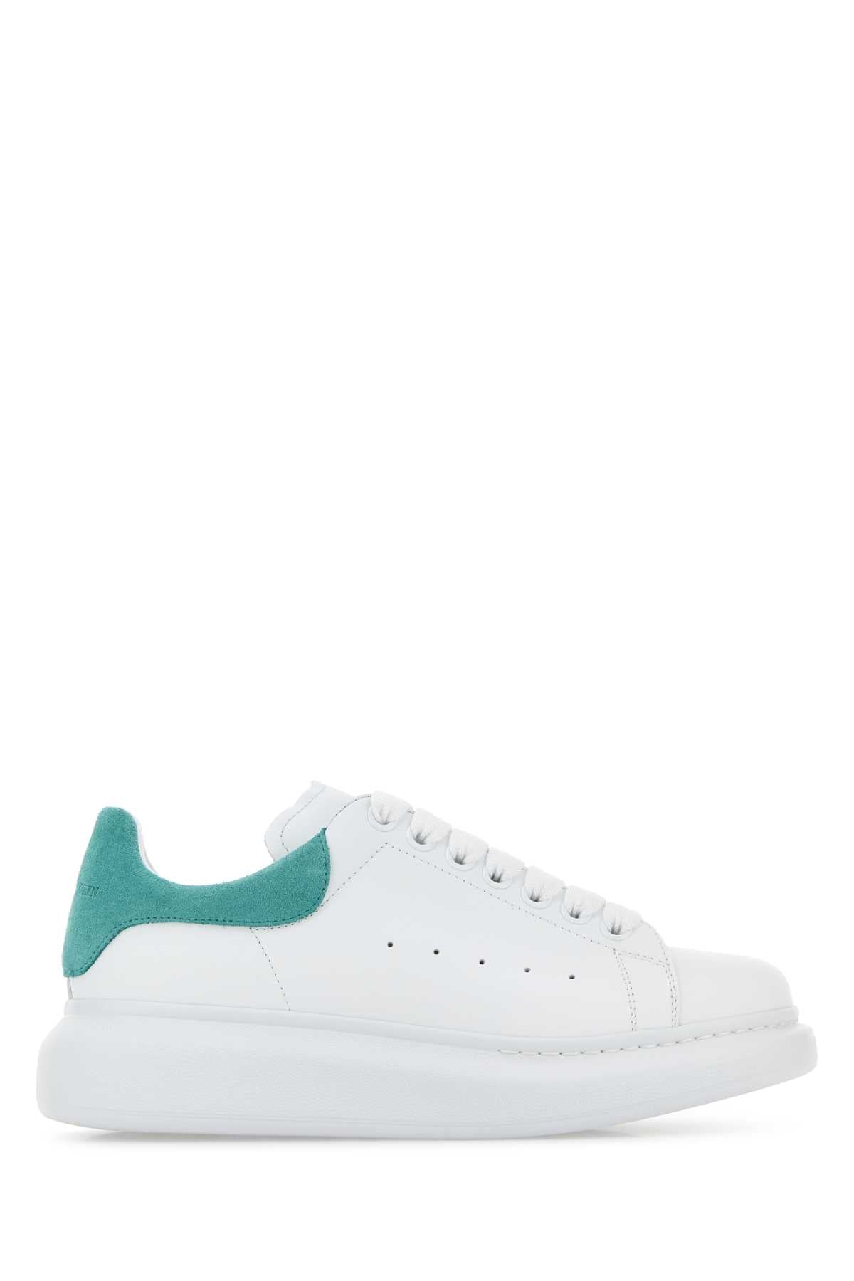 Alexander McQueen Leather with Sea Green Suede Heel Sneaker — White
