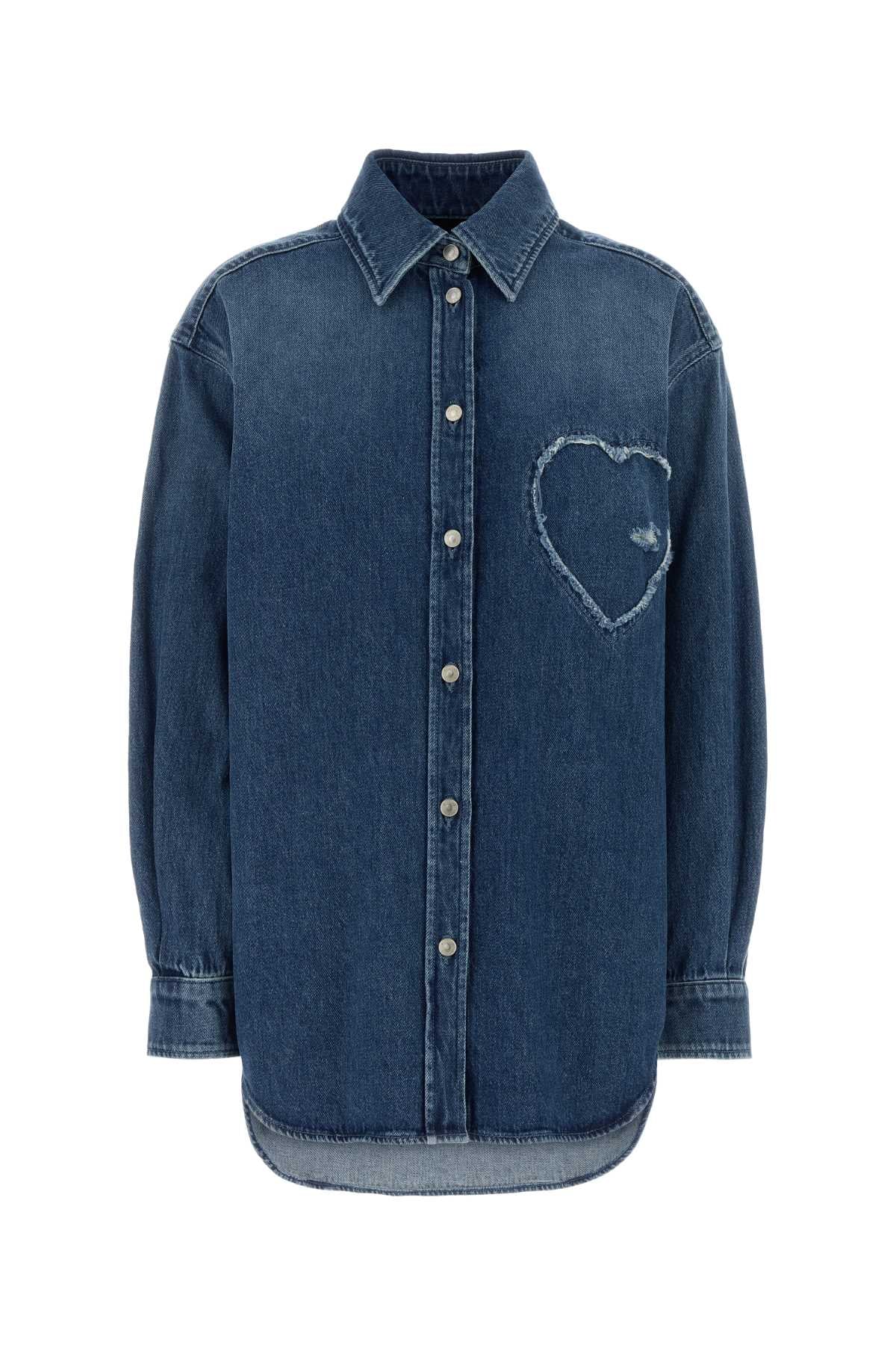 Moschino Heart-Embroidered Denim Shirt — Blue