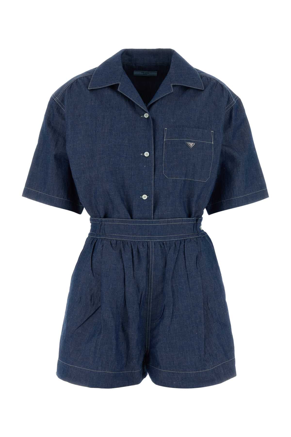 Prada Cotton-Linen Chambray Jumpsuit — Blue