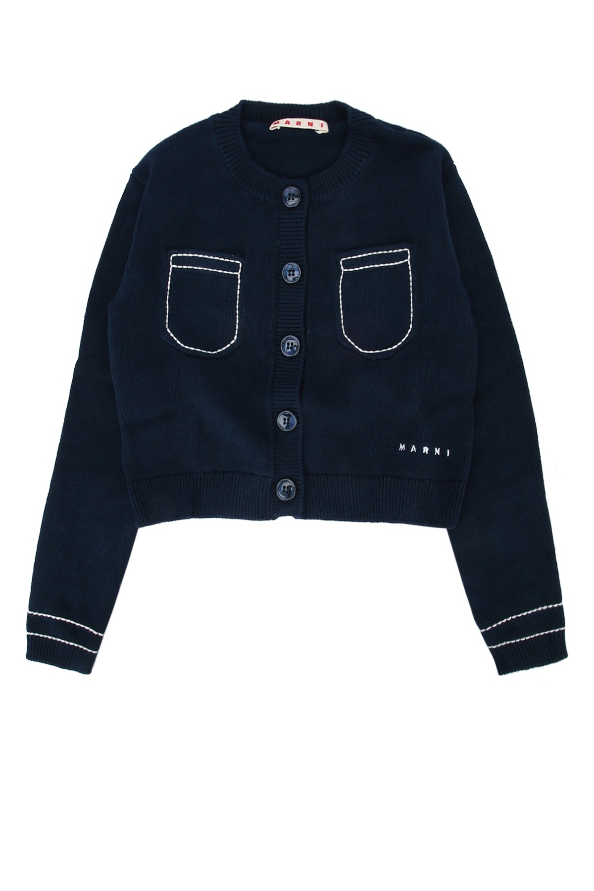 Marni Kids Contrast-Stitched Pocket Cardigan — Navy
