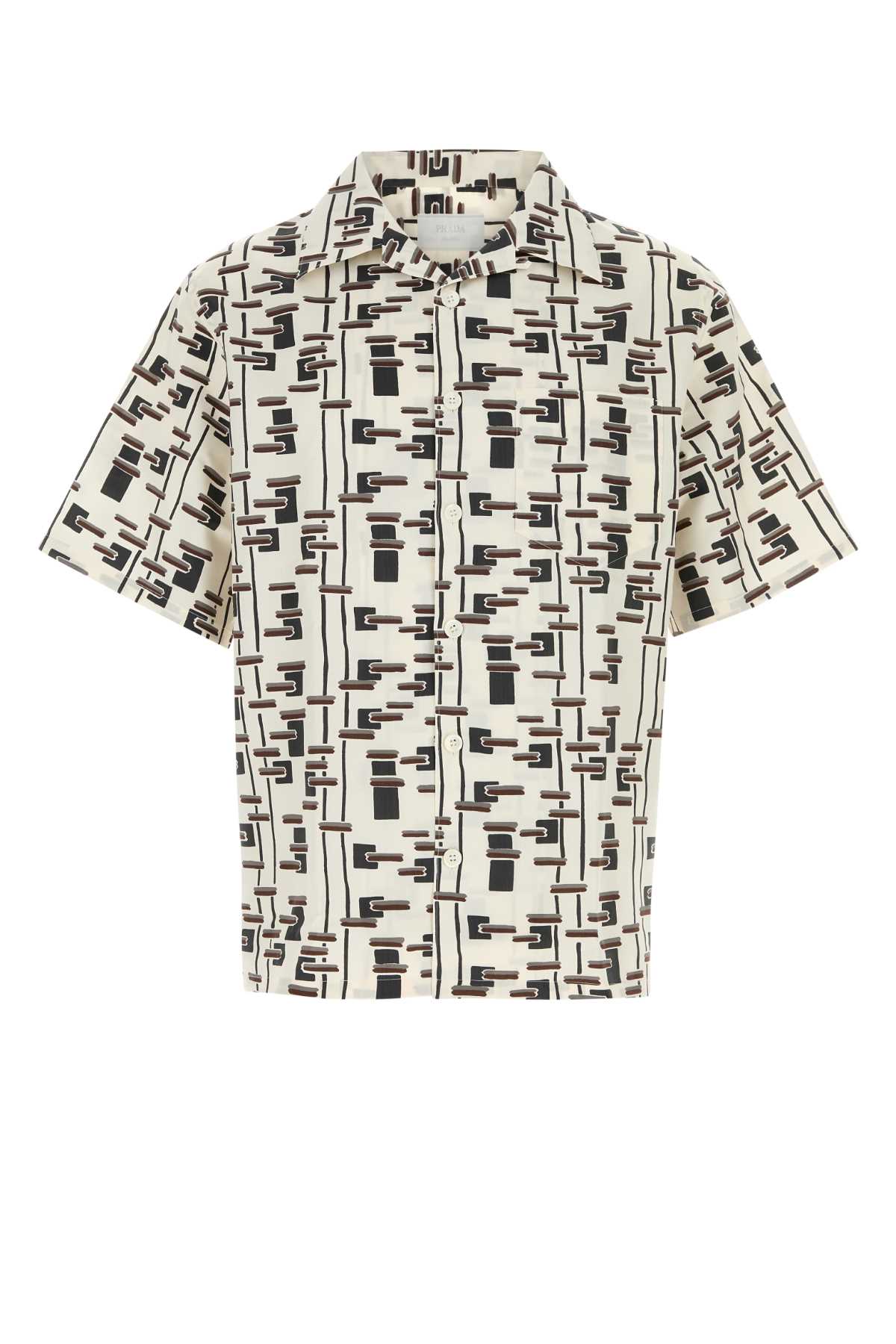 Prada Geometric-Print Cotton-Silk Poplin Shirt — Beige