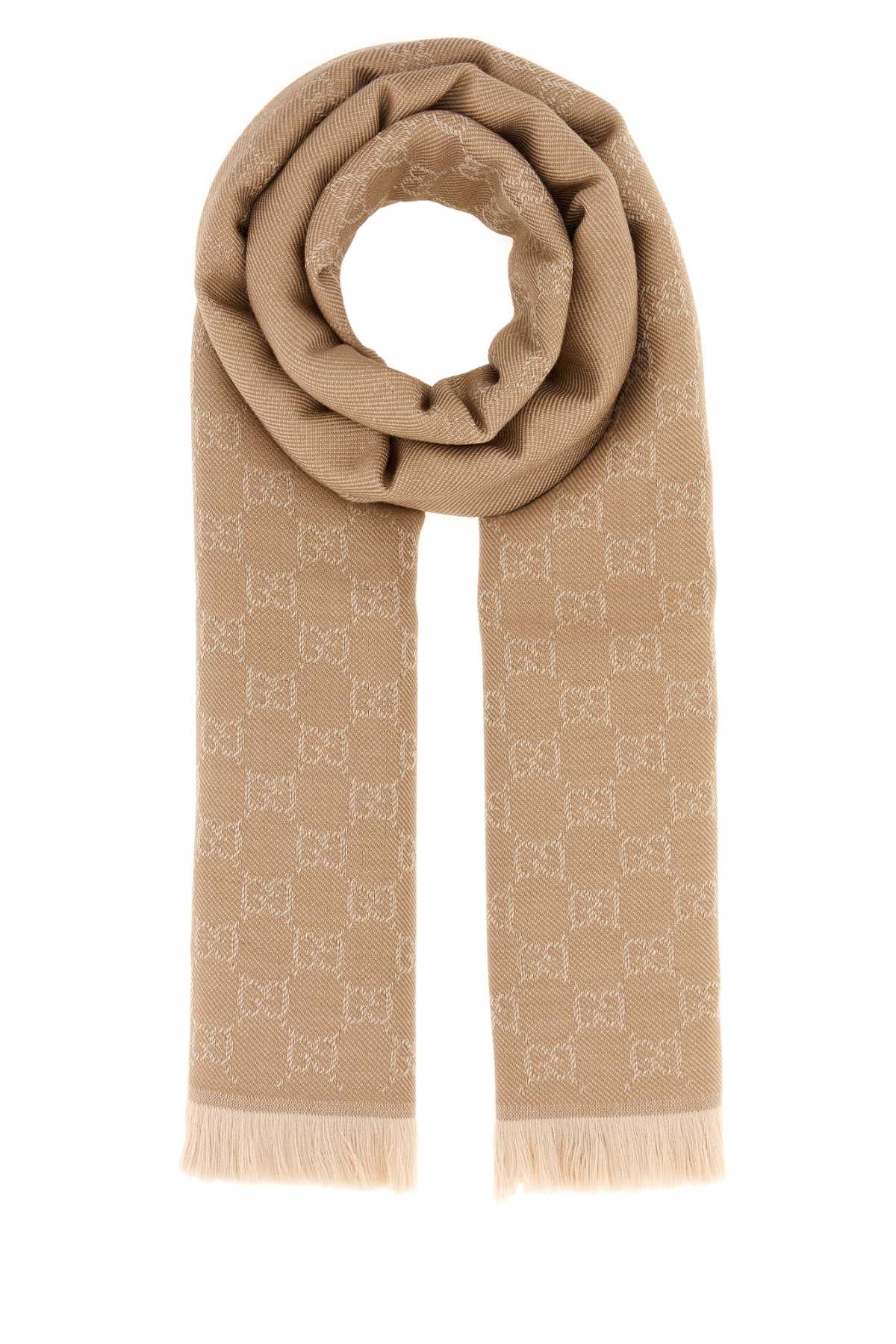 Gucci Logo-Embroidered Wool Scarf — Beige