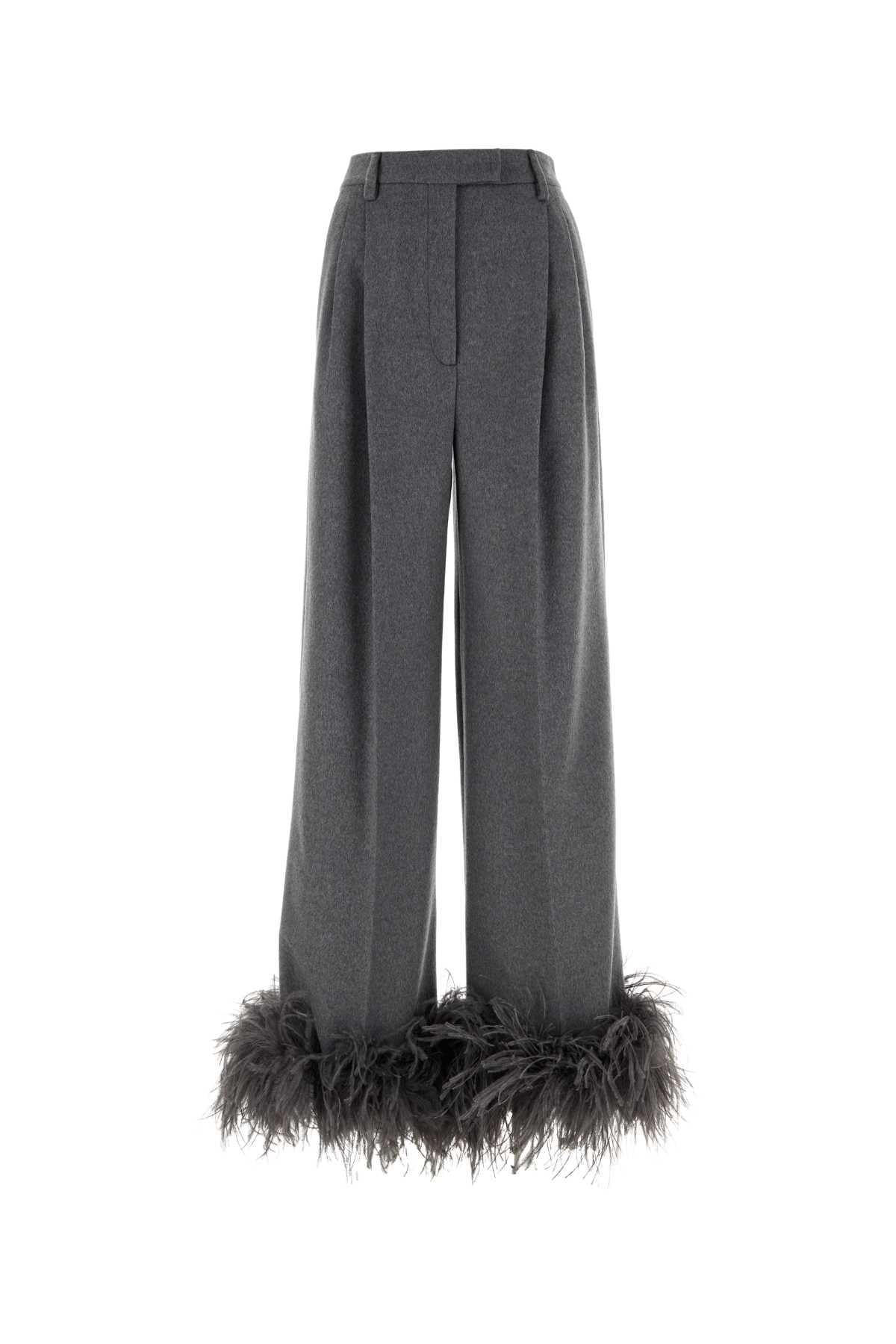 Prada Feather-Trimmed Cashmere Trousers — Gray