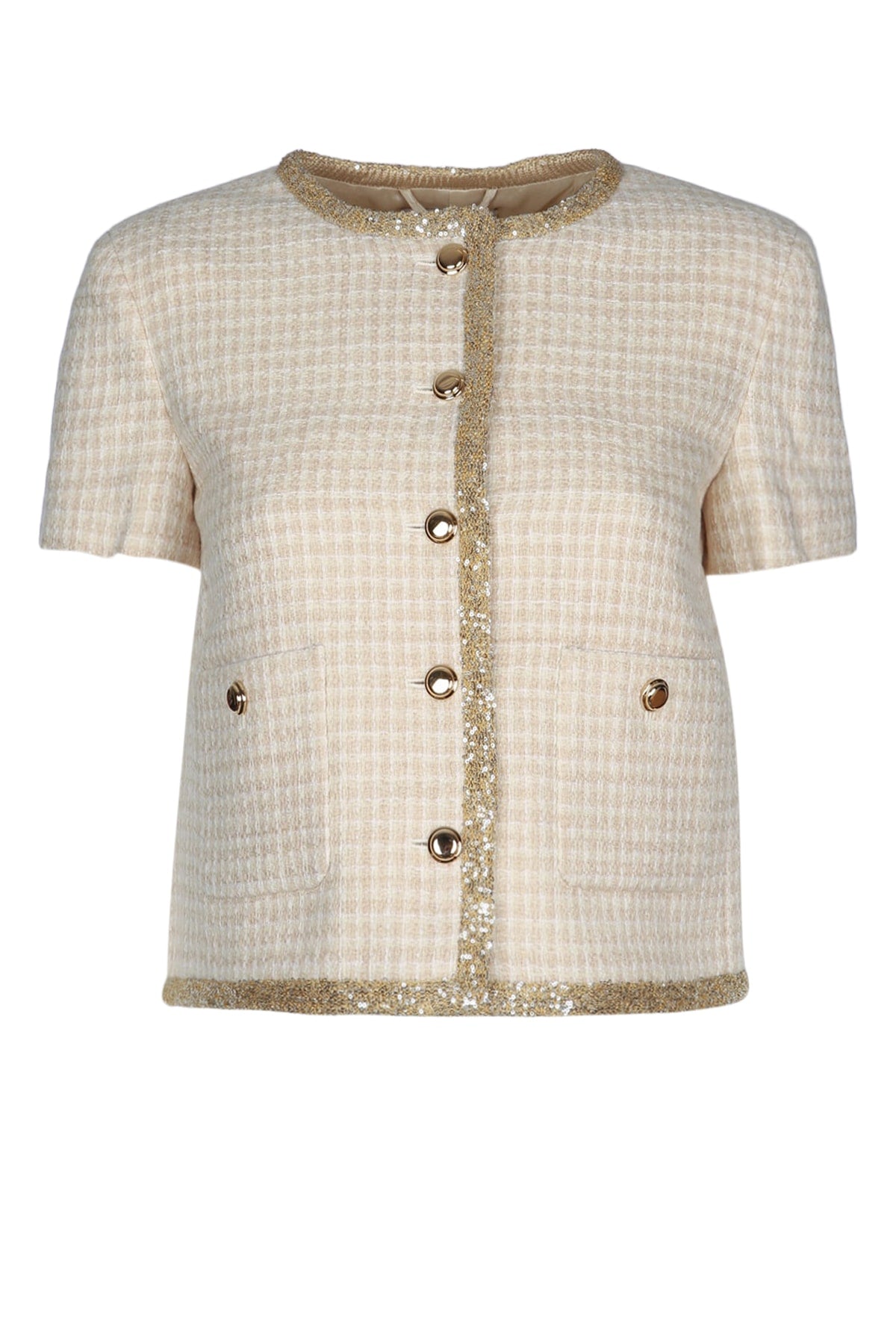 Miu Miu Metallic-Trimmed Tweed Jacket — Beige