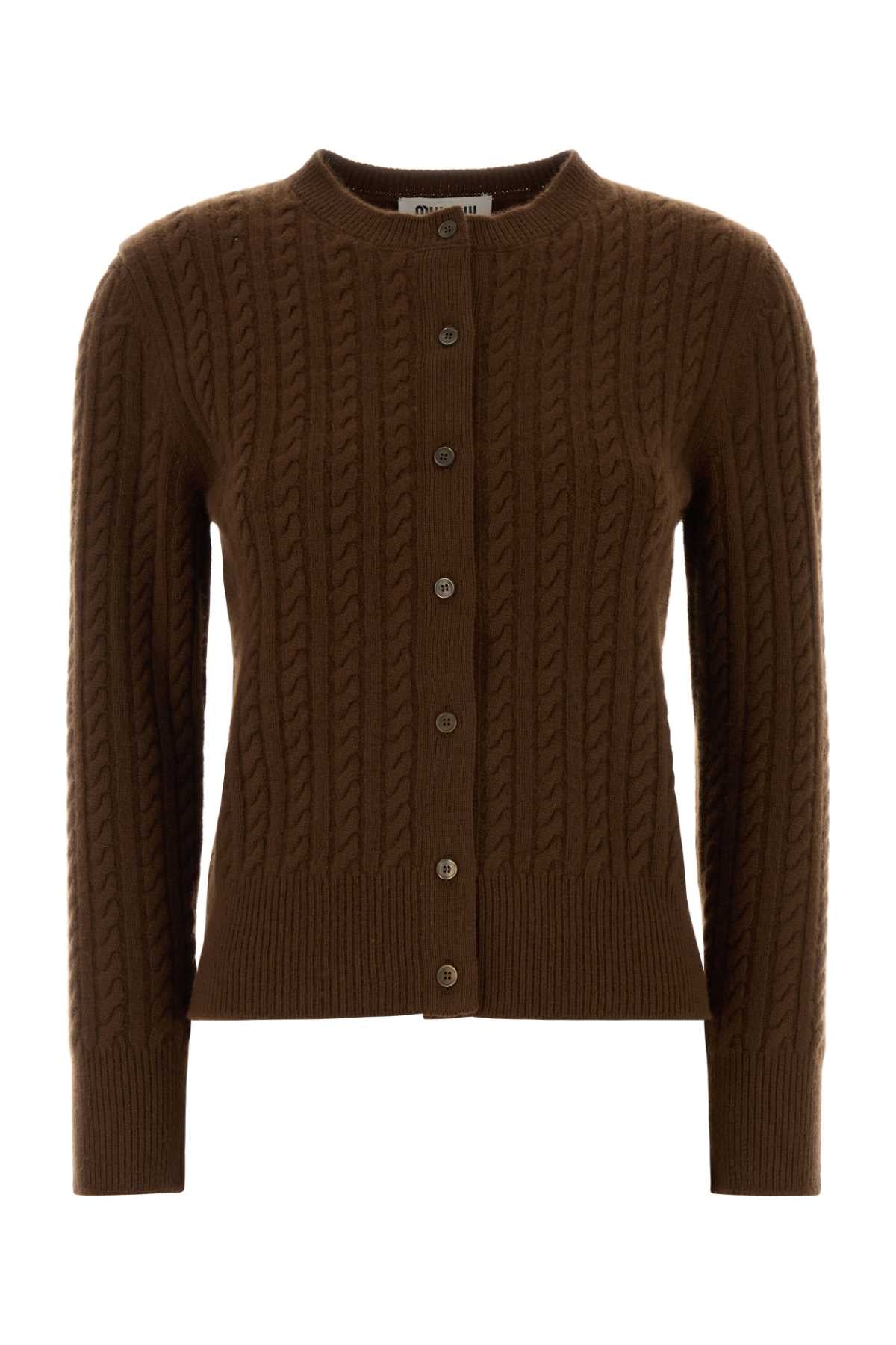 Miu Miu Cable-Knit Cashmere Cardigan — Brown