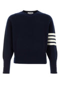 Thom Browne Crewneck Cashmere with Signature Stripe Sweater — Navy