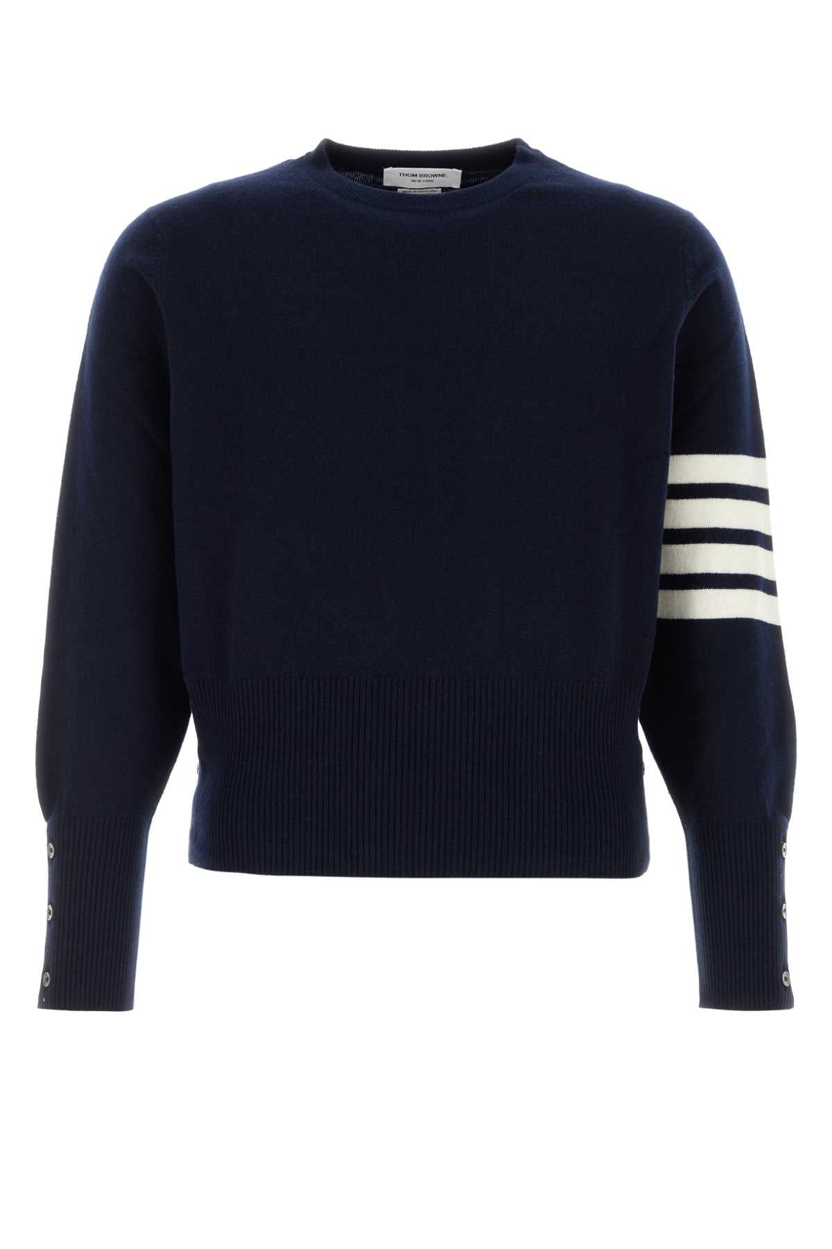 Thom Browne Crewneck Cashmere with Signature Stripe Sweater — Navy