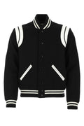 Saint Laurent Wool Blend with Striped Trim Bomber Jacket — Black