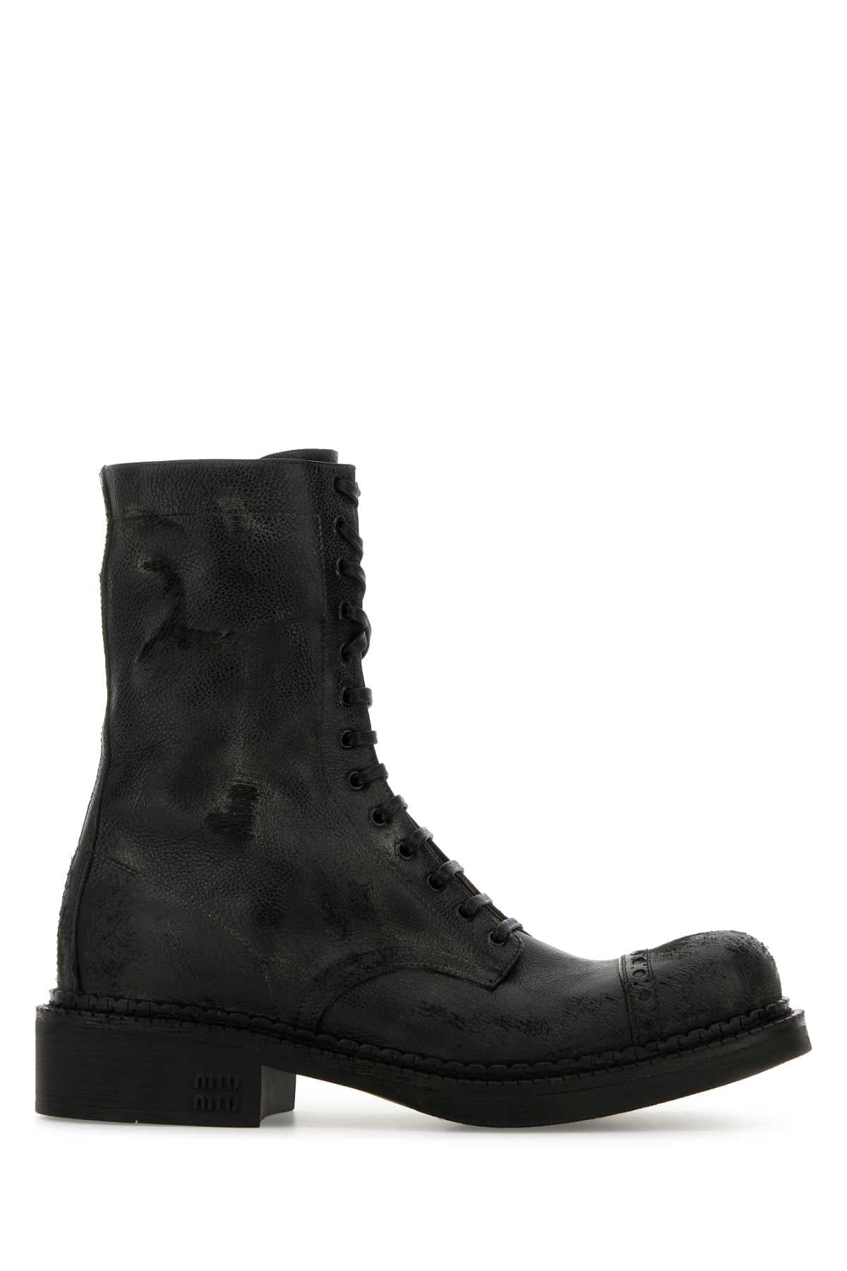 Miu Miu Vitello Leather Lace-Up Ankle Boot — Black
