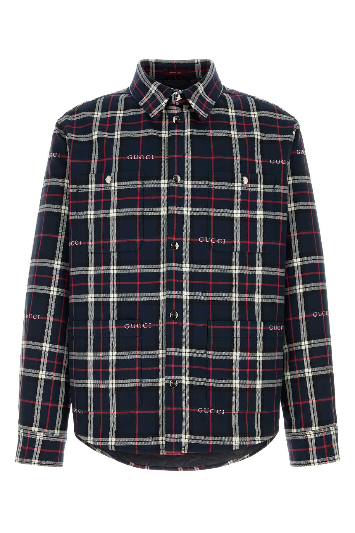 Gucci Embroidered Cotton Plaid Shirt — Navy