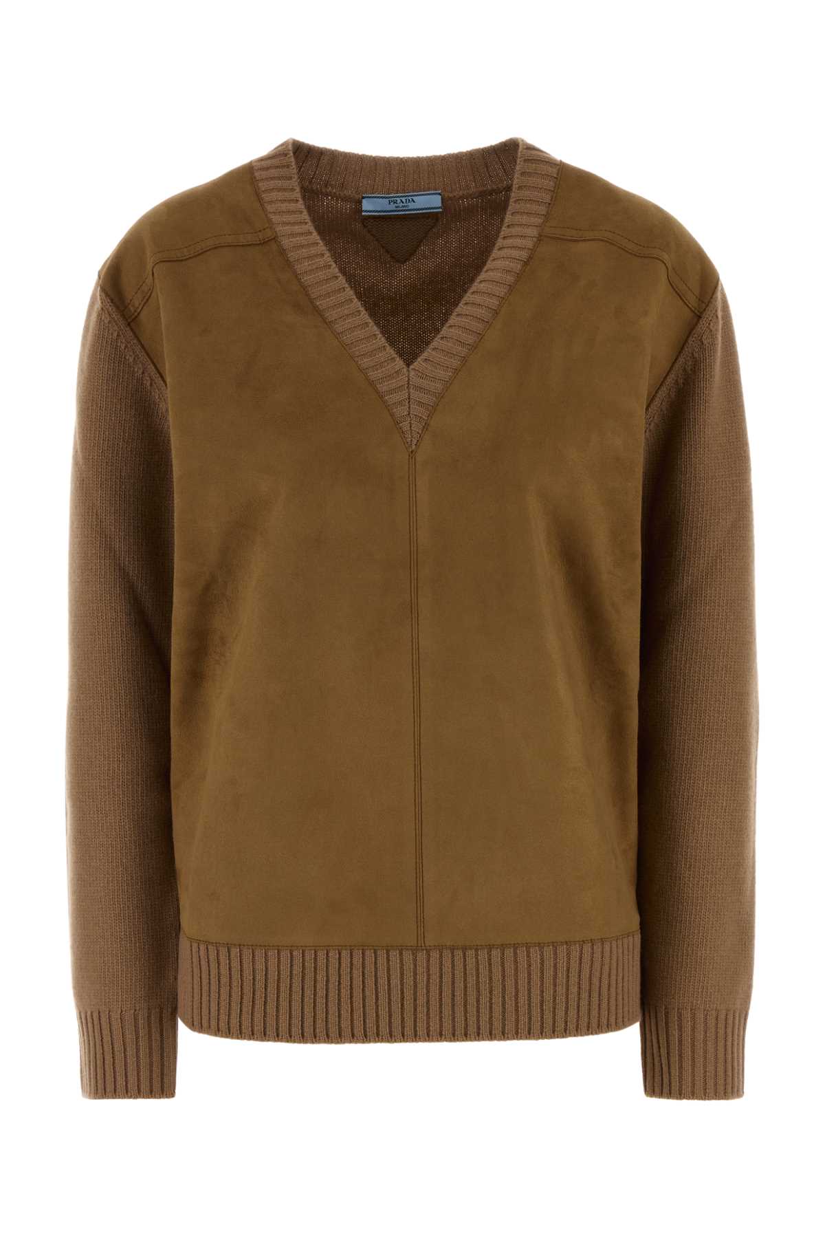 Prada Wool-Blend V-Neck Sweater — Camel