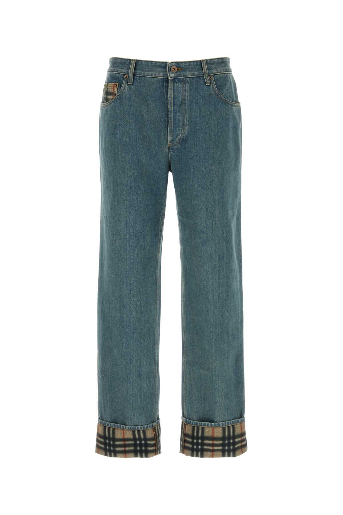 Burberry Check-Cuff Denim Jeans — Blue