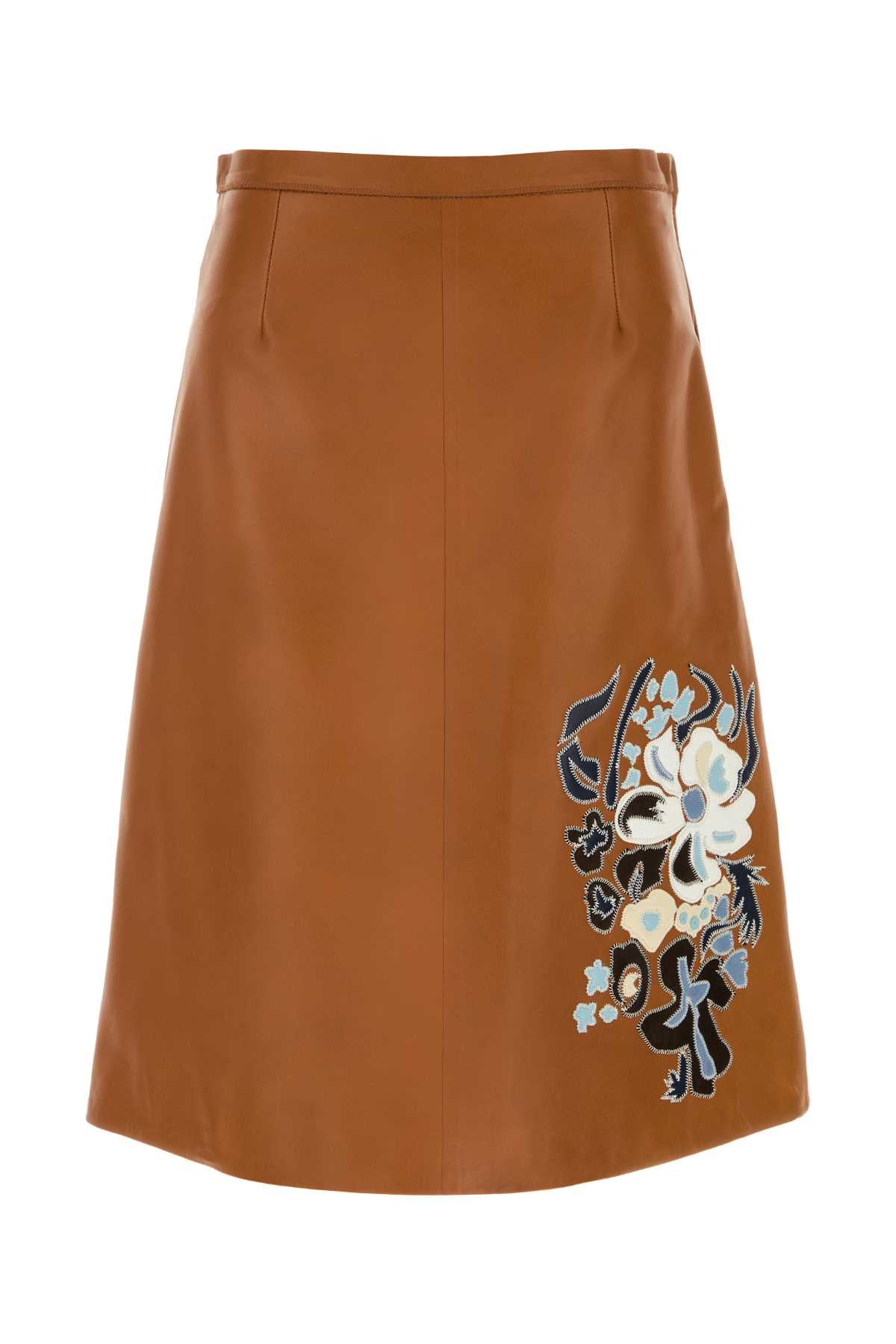 Marni Embroidered Leather Skirt — Brown