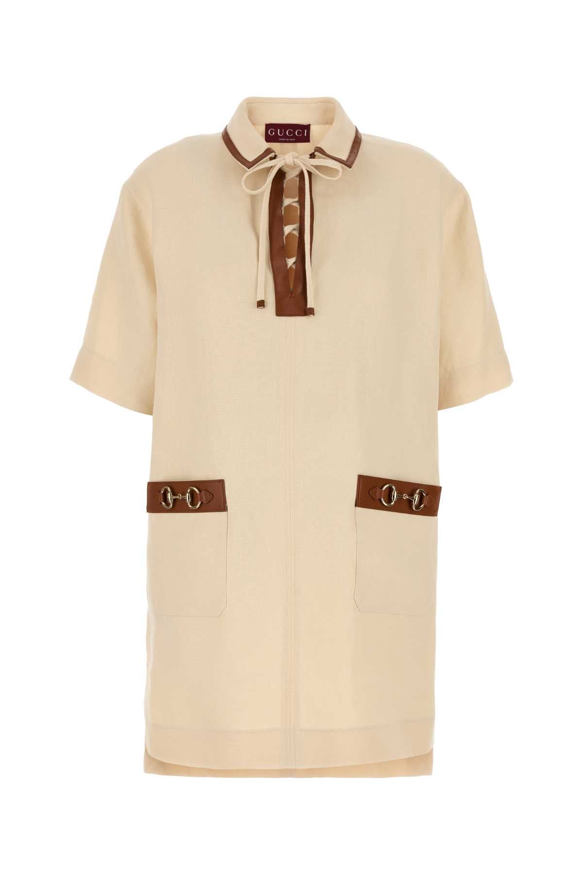 Gucci Linen with Horsebit and Leather Trim Mini Dress — Cream
