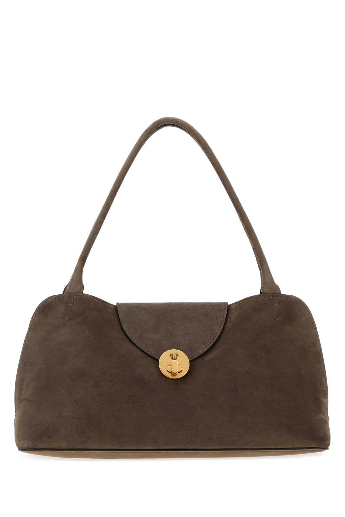 Versace Suede with Gold-Tone Closure Shoulder Bag — Brown