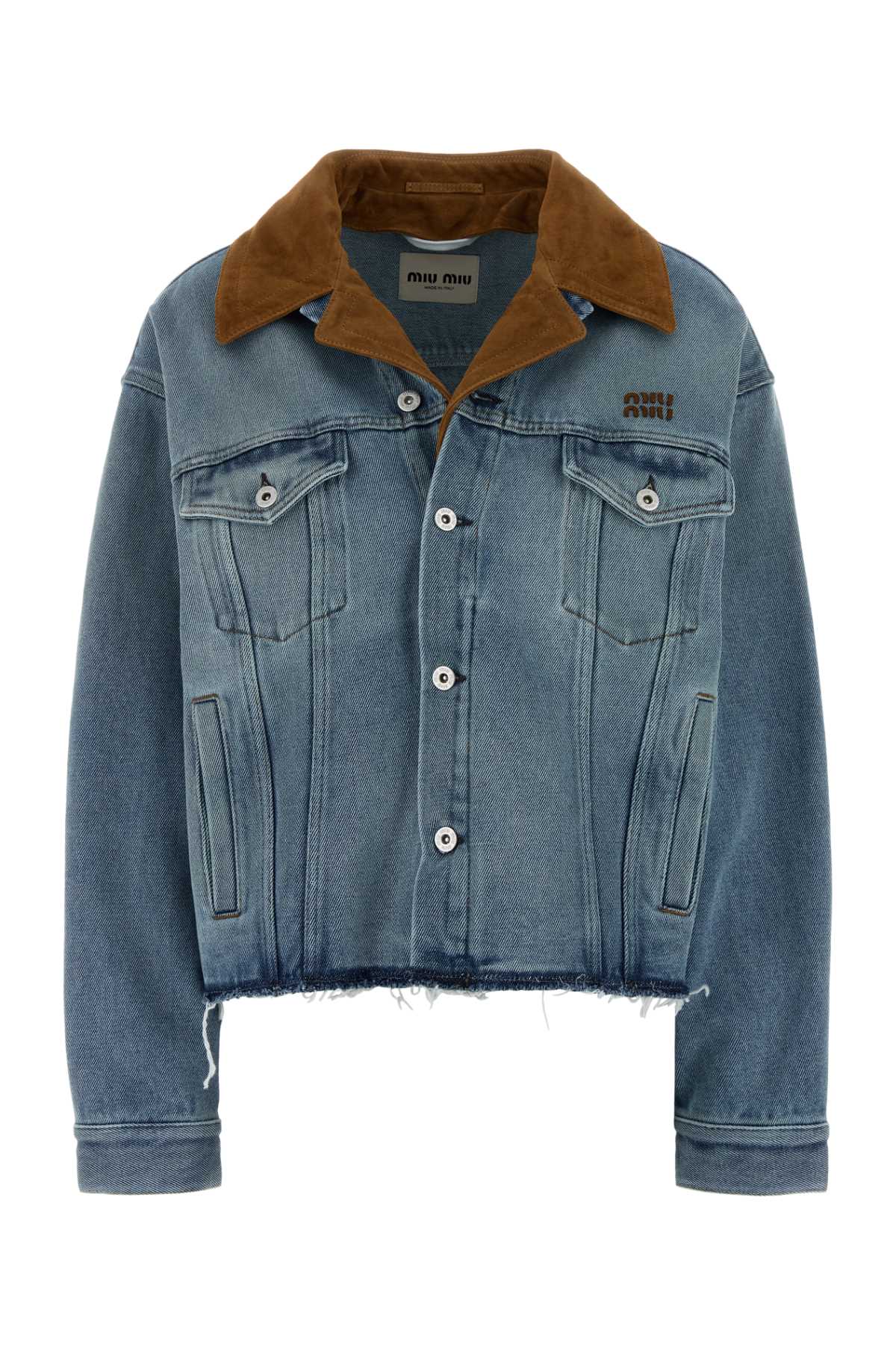 Miu Miu Suede-Collar Denim Jacket — Blue