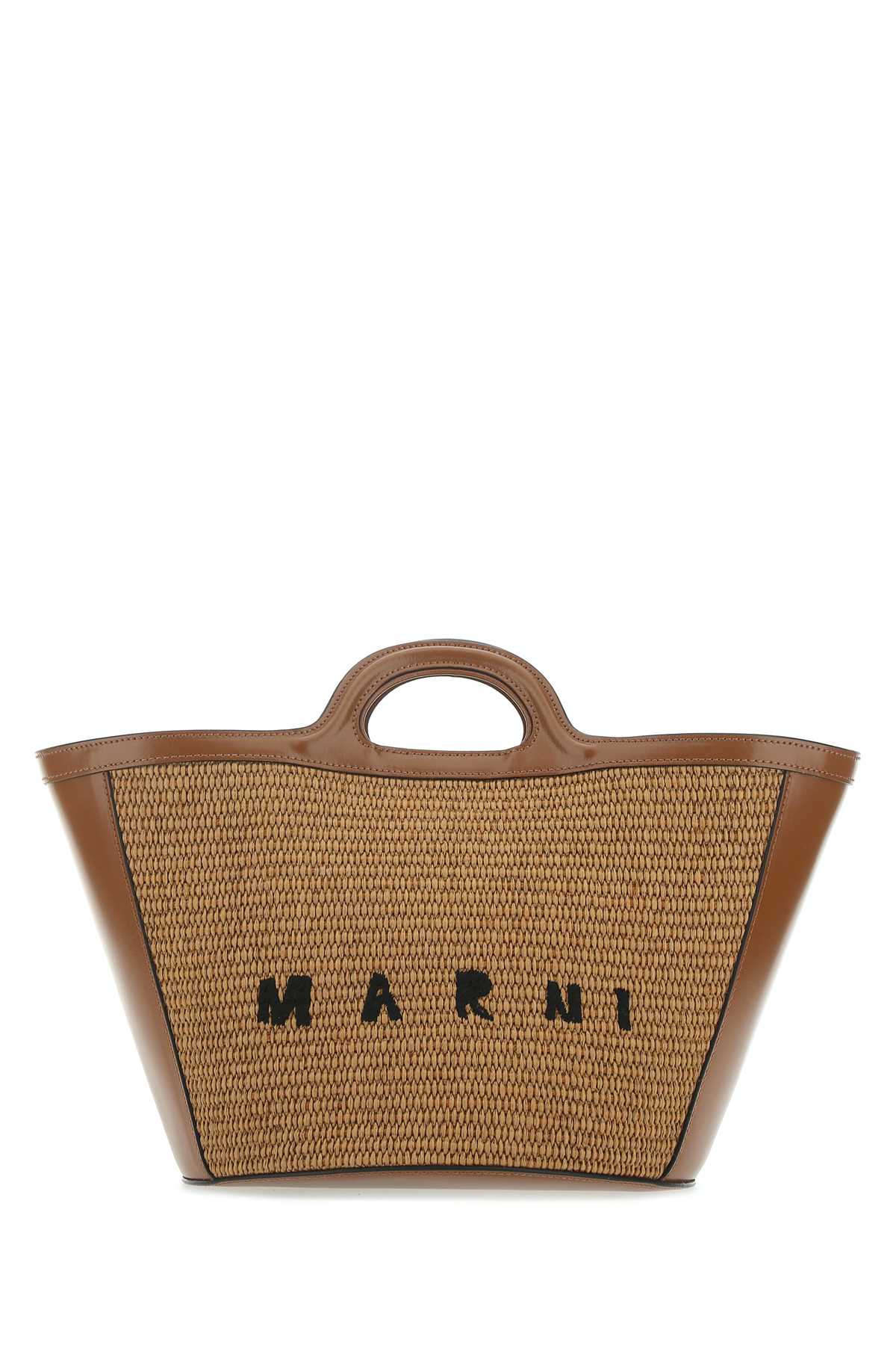 Marni Two-Tone Leather and Raffia Handbag — Brown