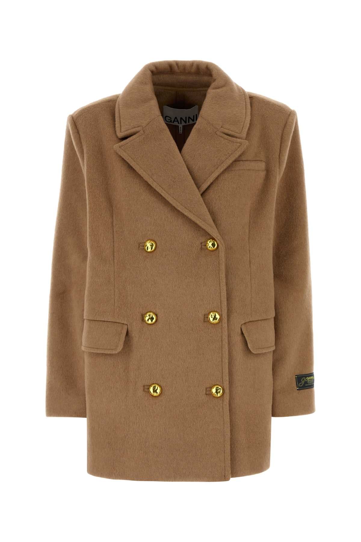 Ganni Double-Breasted Wool Blend Coat — Beige