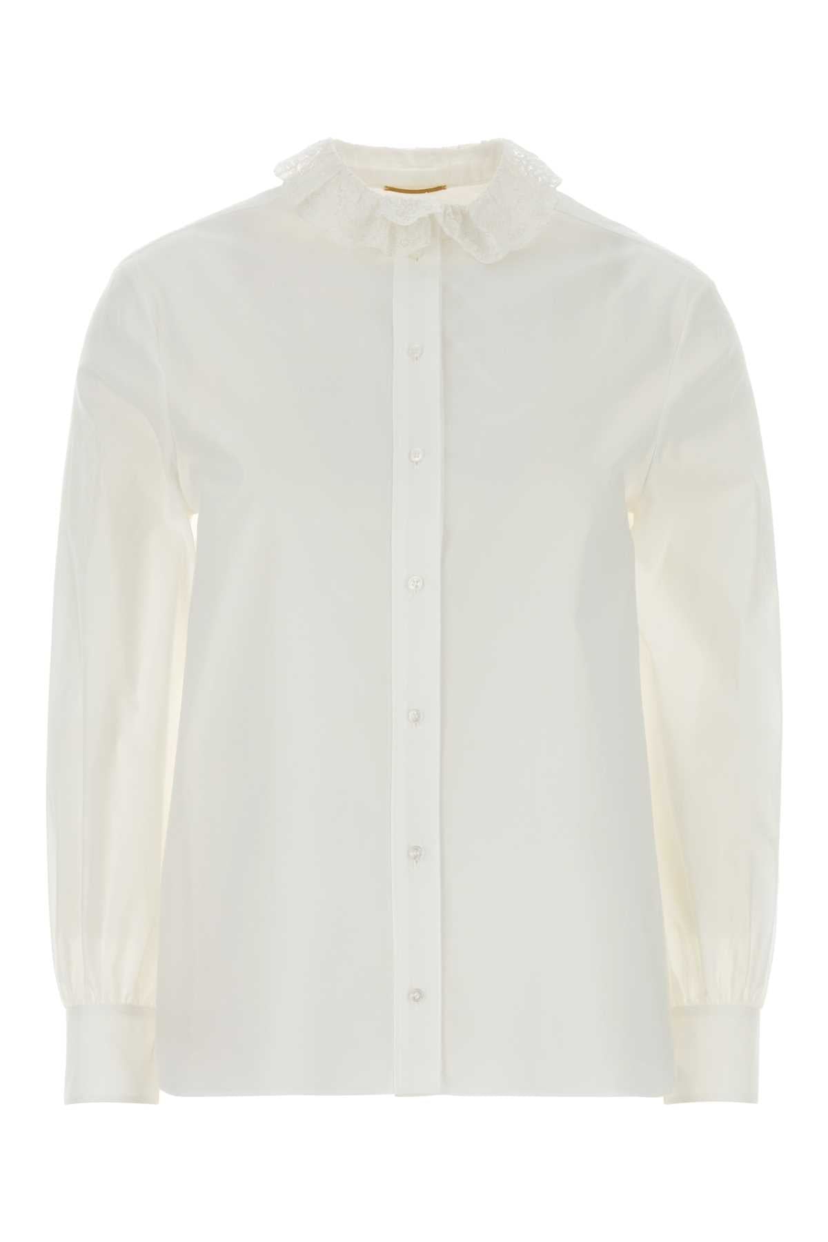 Saint Laurent Lace-Collar Poplin Shirt — White