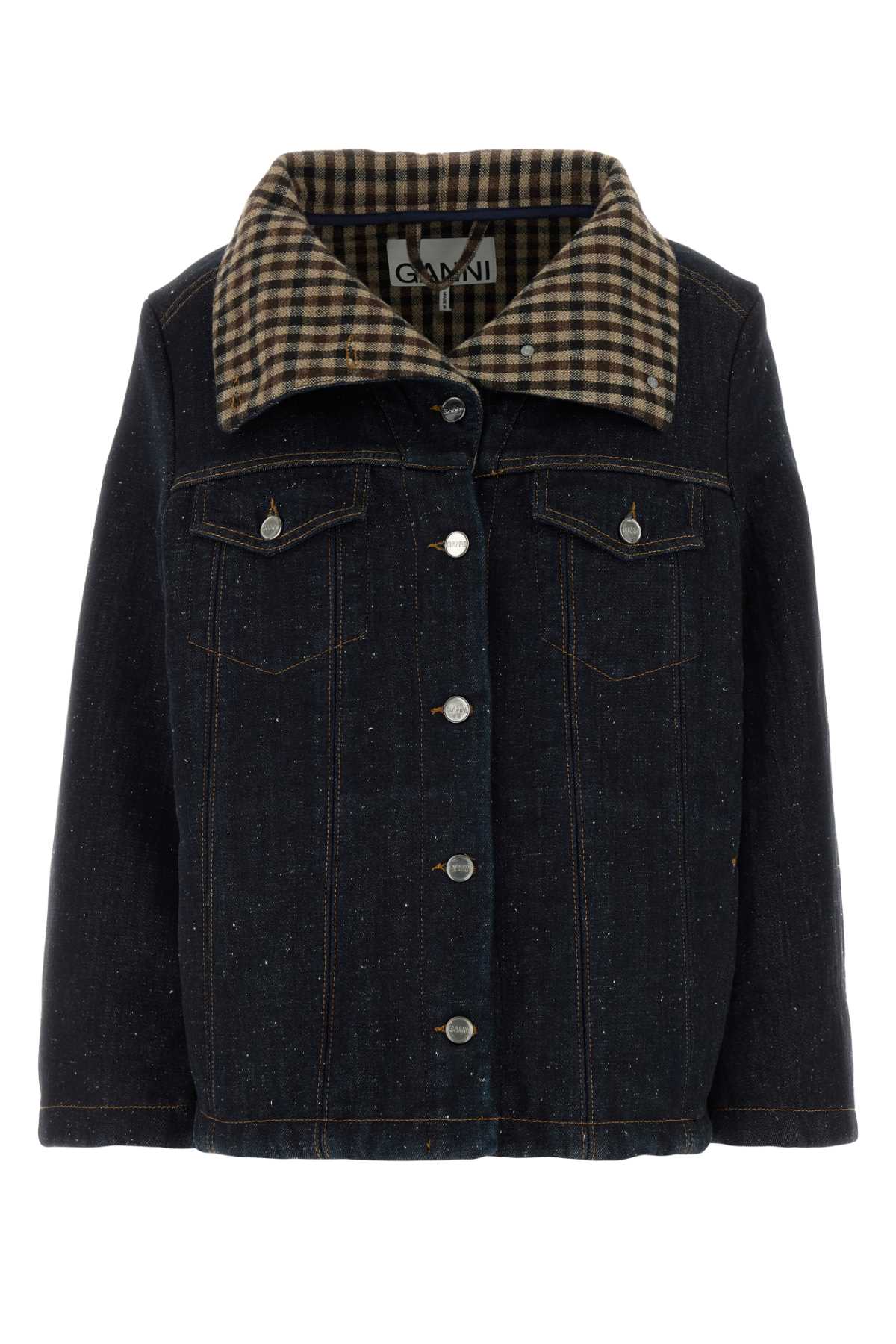 Ganni Checked Collar Denim Jacket — Navy