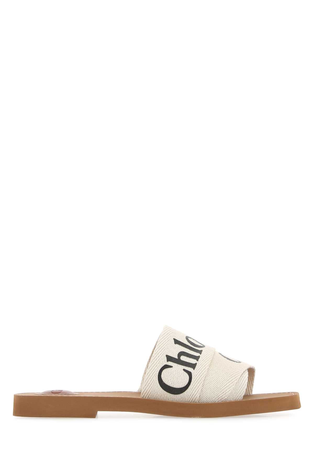 Chloé Linen Logo-Print Slippers — White