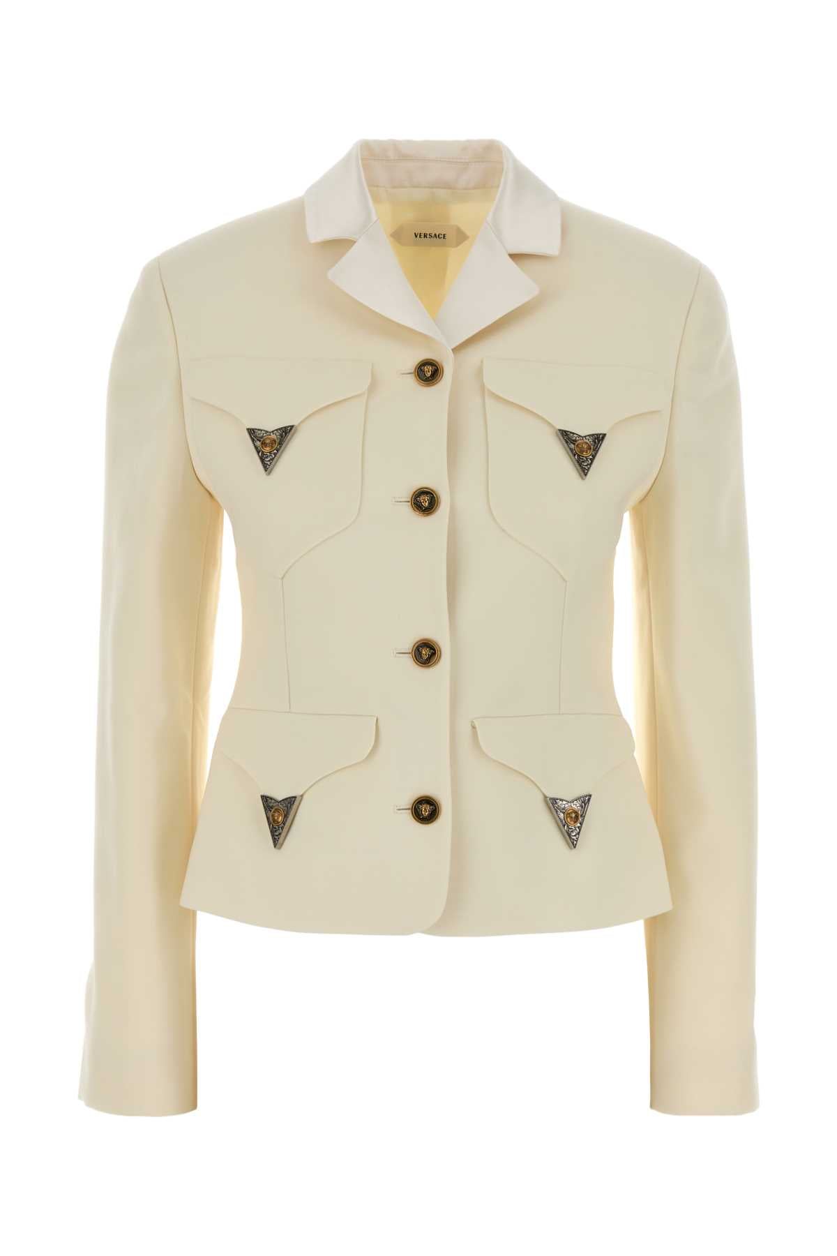 Versace Virgin Wool with Medusa-Embellished Pockets Blazer — Beige