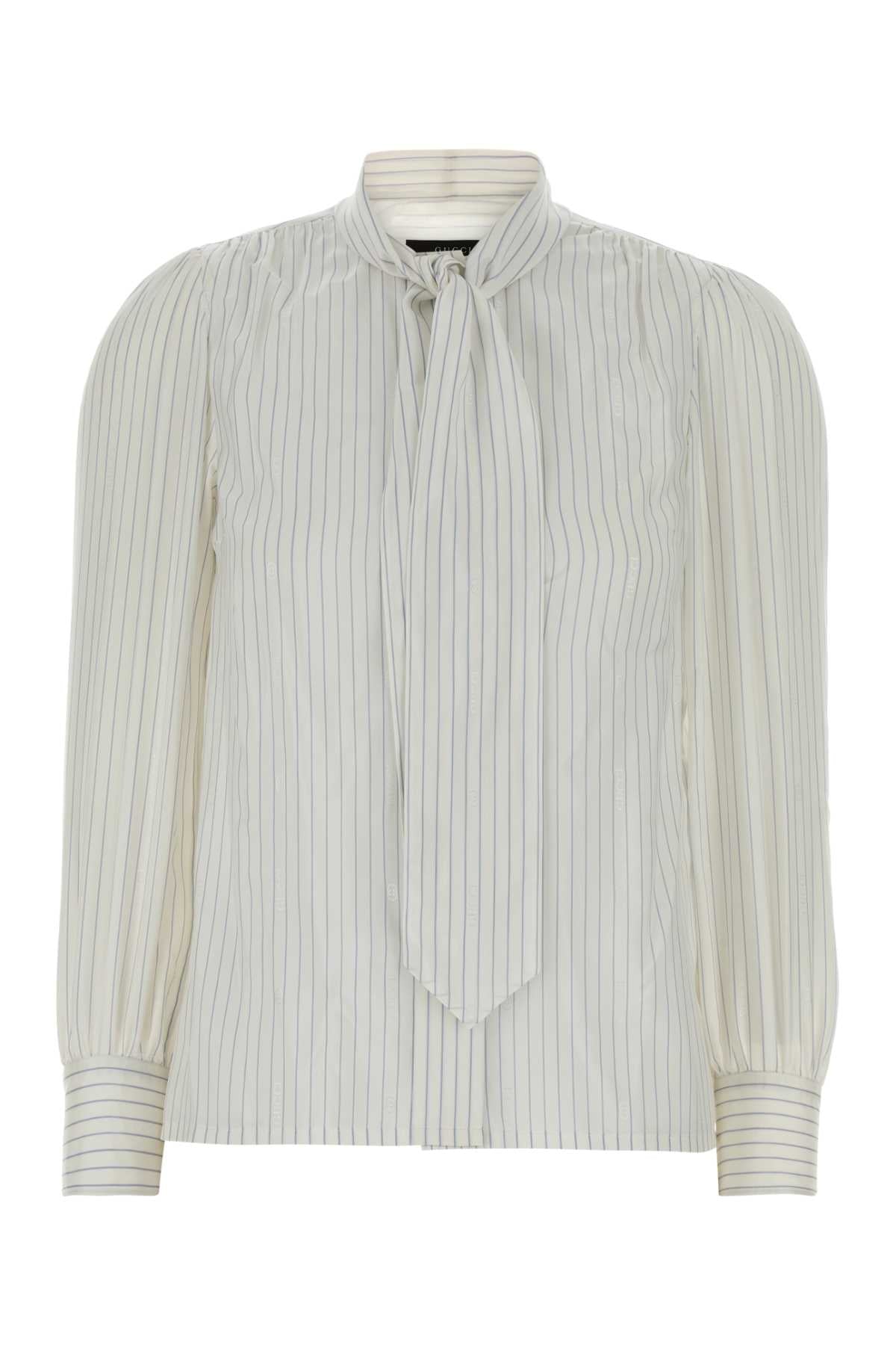Gucci Pinstriped Silk with Bow Tie Detail Shirt — White