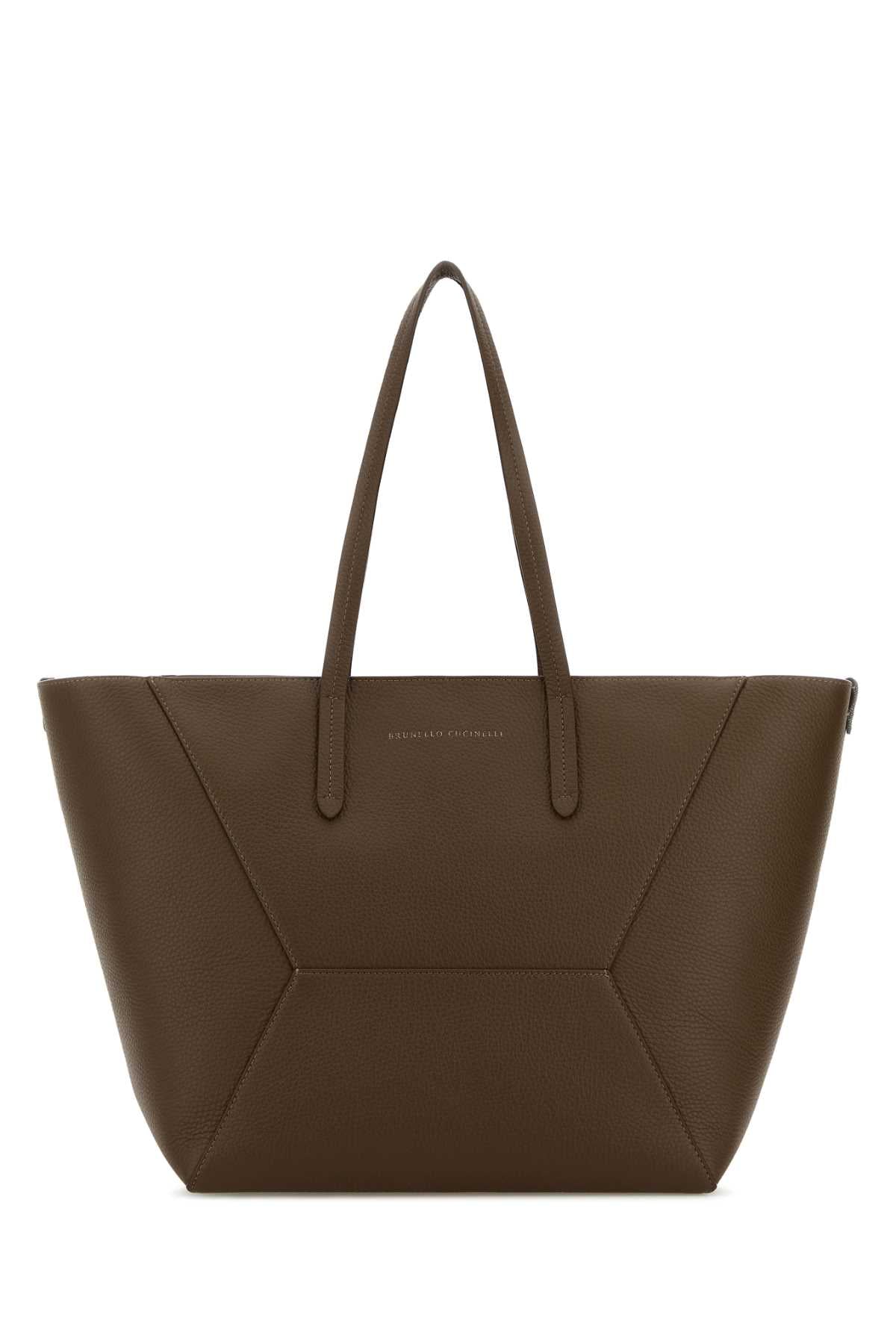 Brunello Cucinelli Leather Shopping Tote Bag — Brown