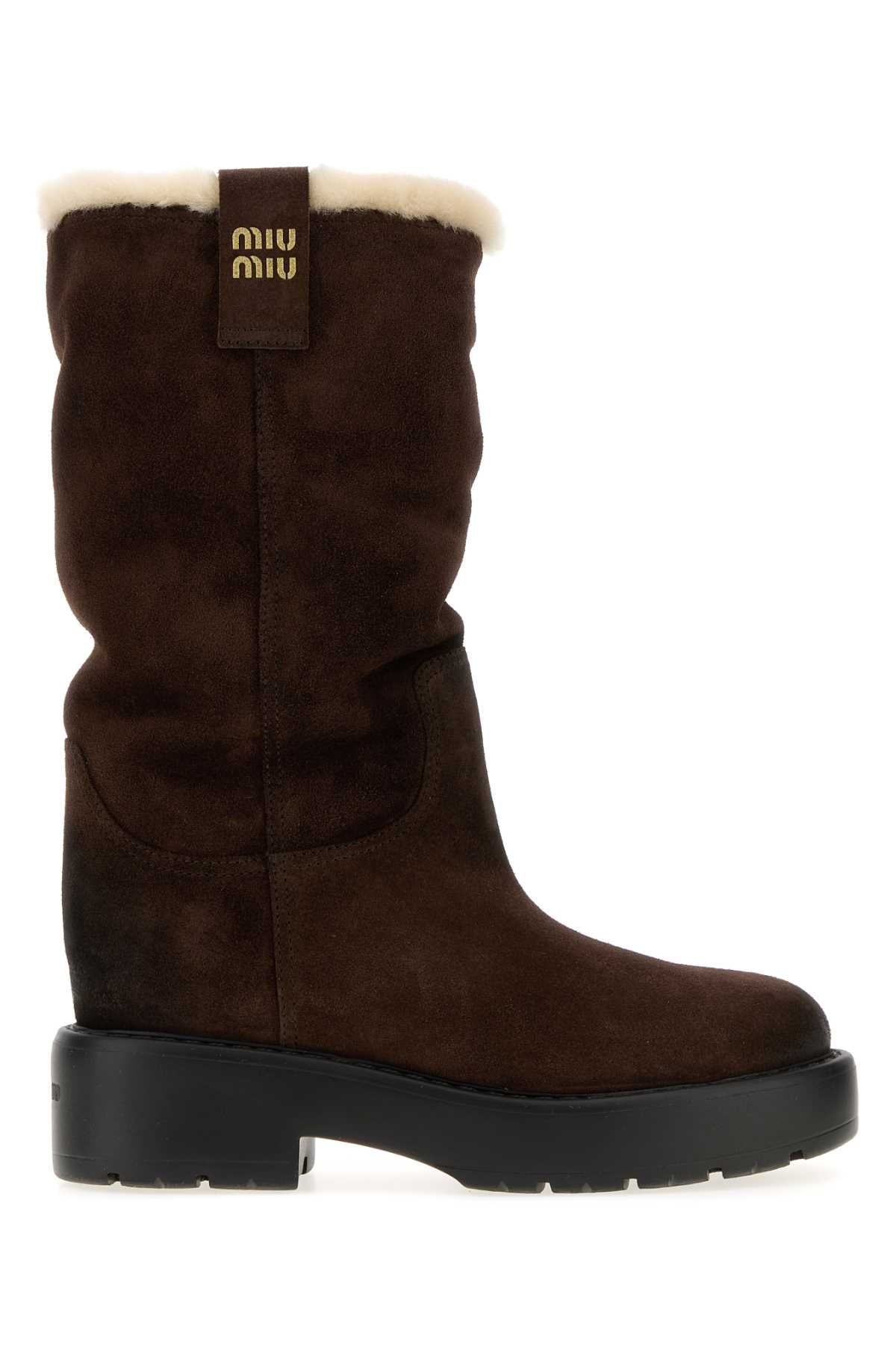 Miu Miu Shearling-Lined Suede Boot — Brown