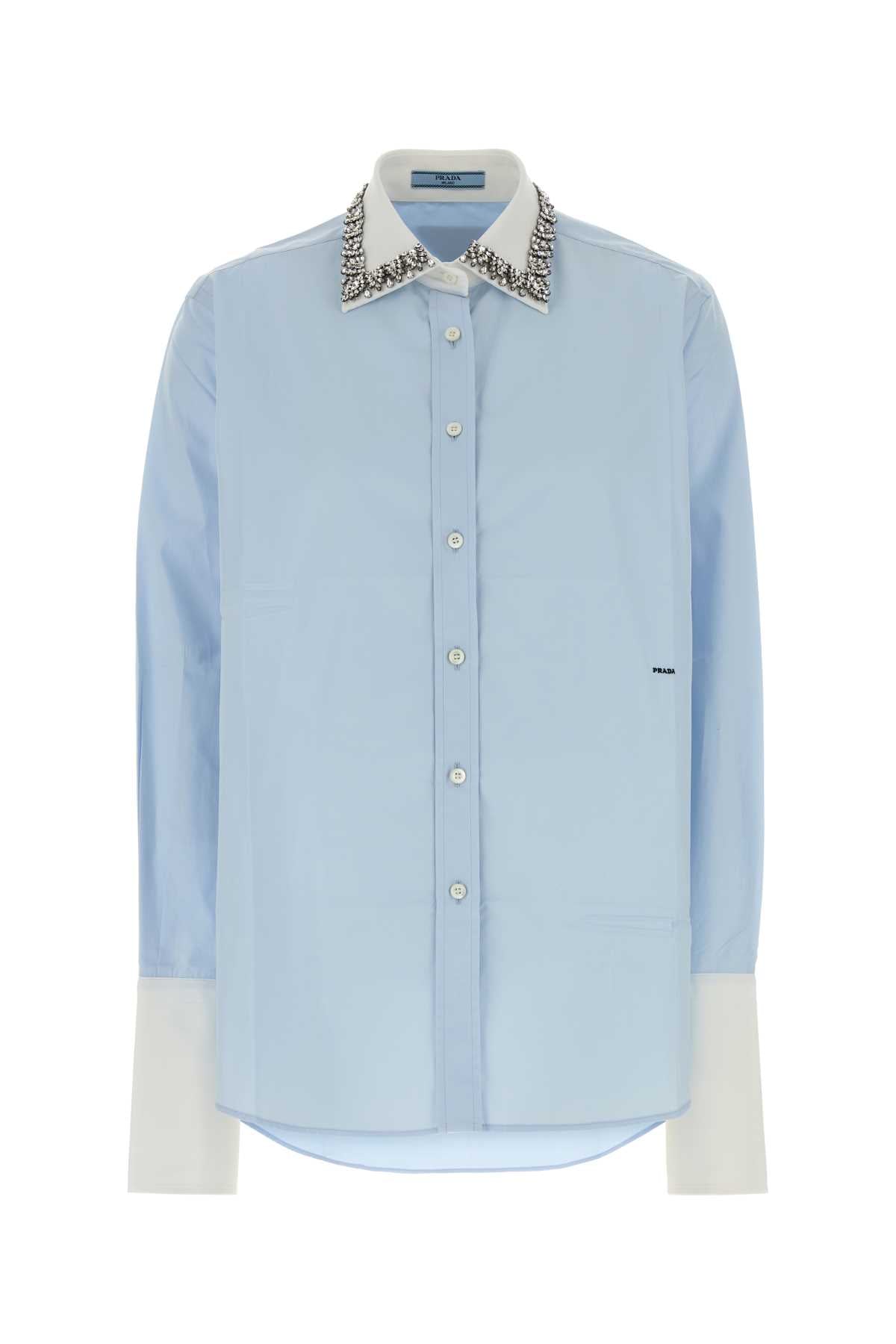 Prada Crystal-Embellished Collar Poplin Shirt — Blue