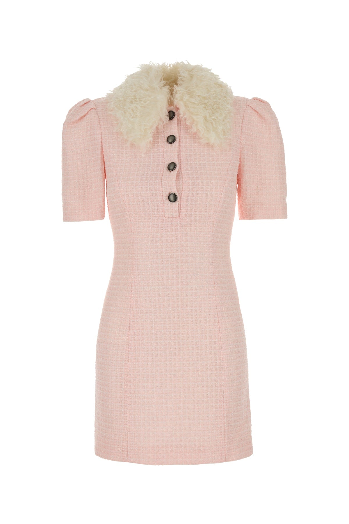 Alessandra Rich Shearling-Collar Ribbed Knit Dress — Pink