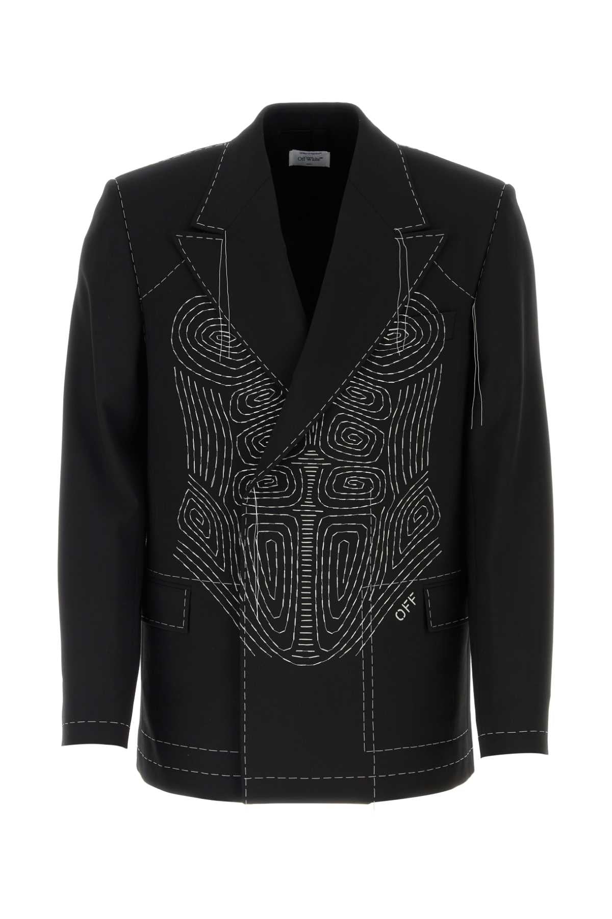 Off-White Embroidered Wool-Blend Blazer — Black