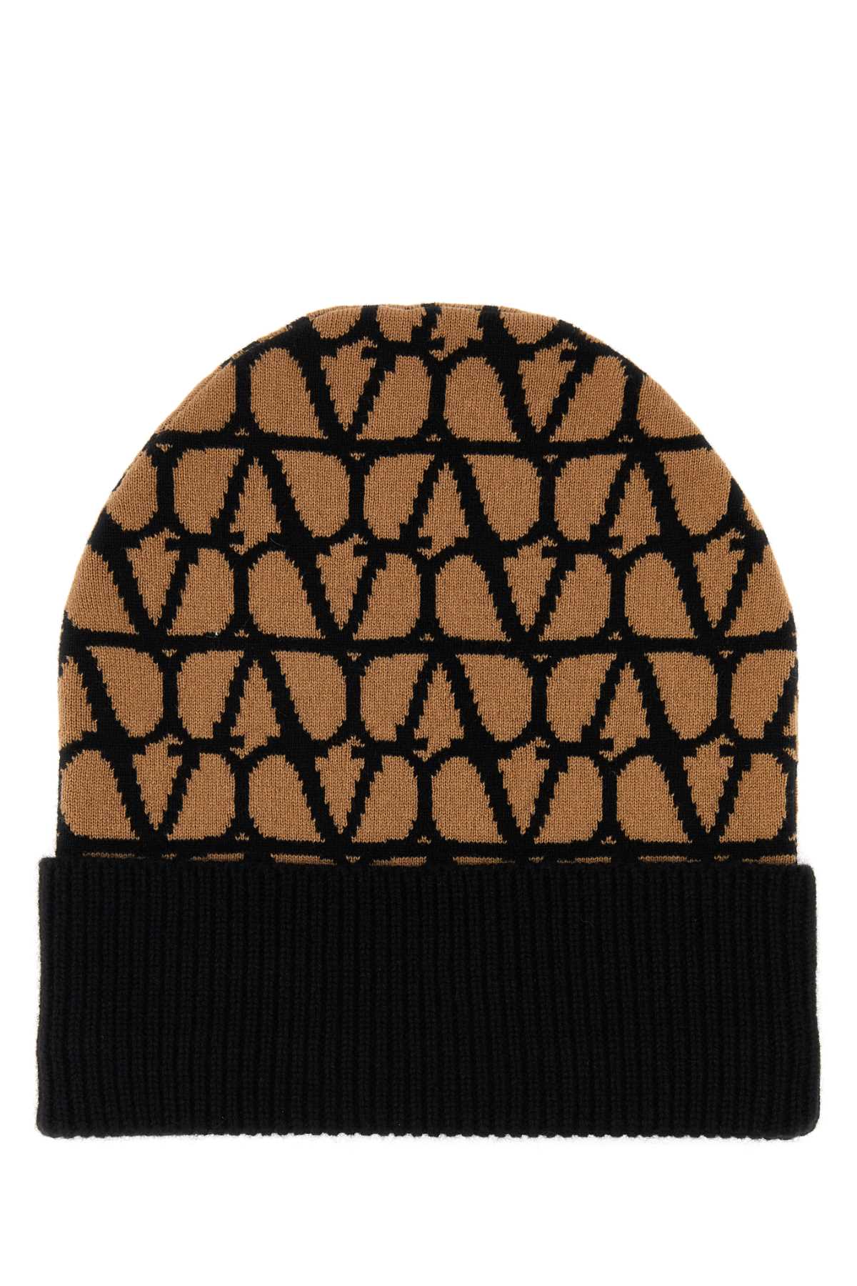 Valentino Garavani CUFFIA Geometric-Jacquard Cashmere Beanie — Beige