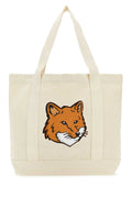 Maison Kitsune Fox Head Embroidered Canvas Tote Bag — Beige