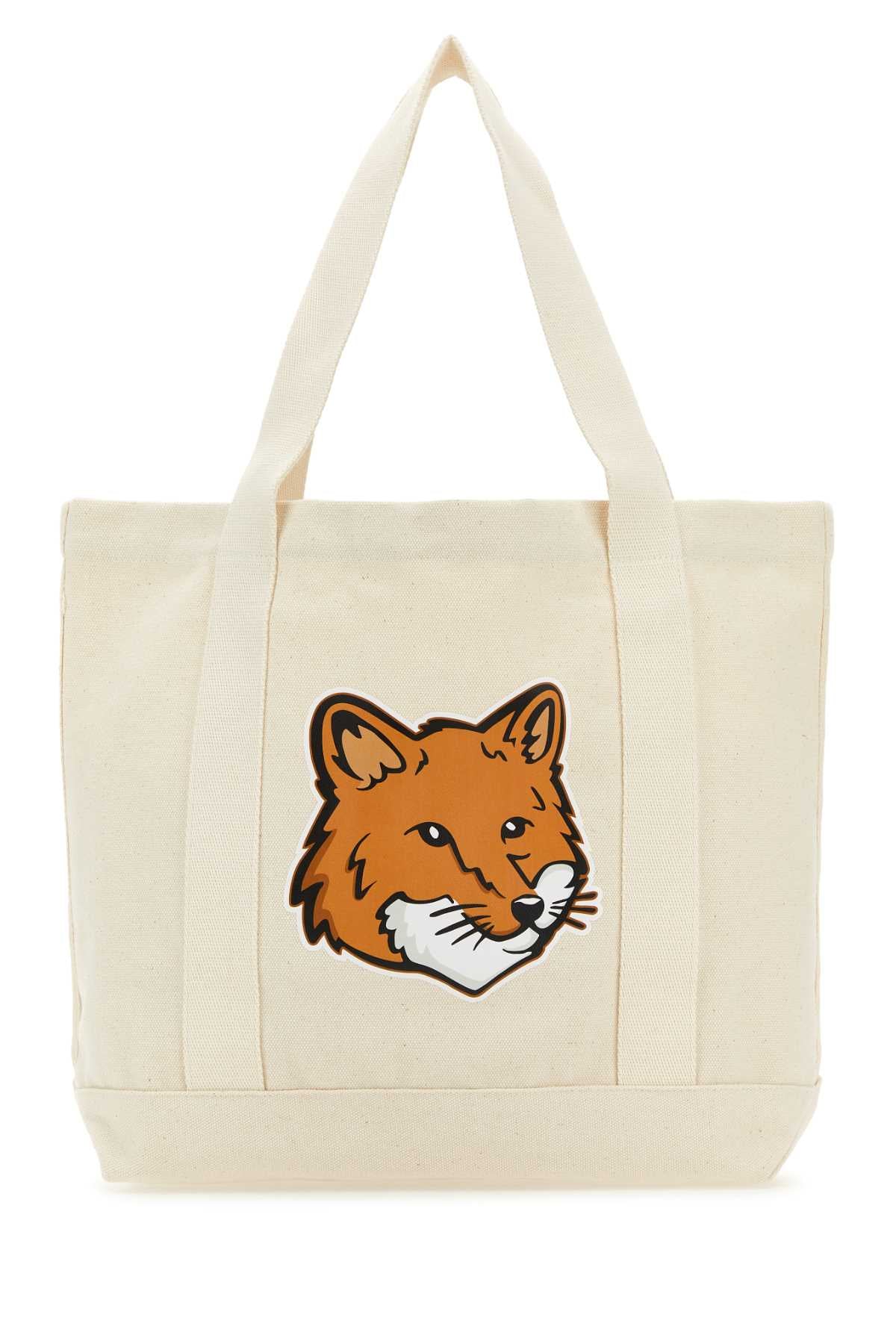 Maison Kitsune Fox Head Embroidered Canvas Tote Bag — Beige
