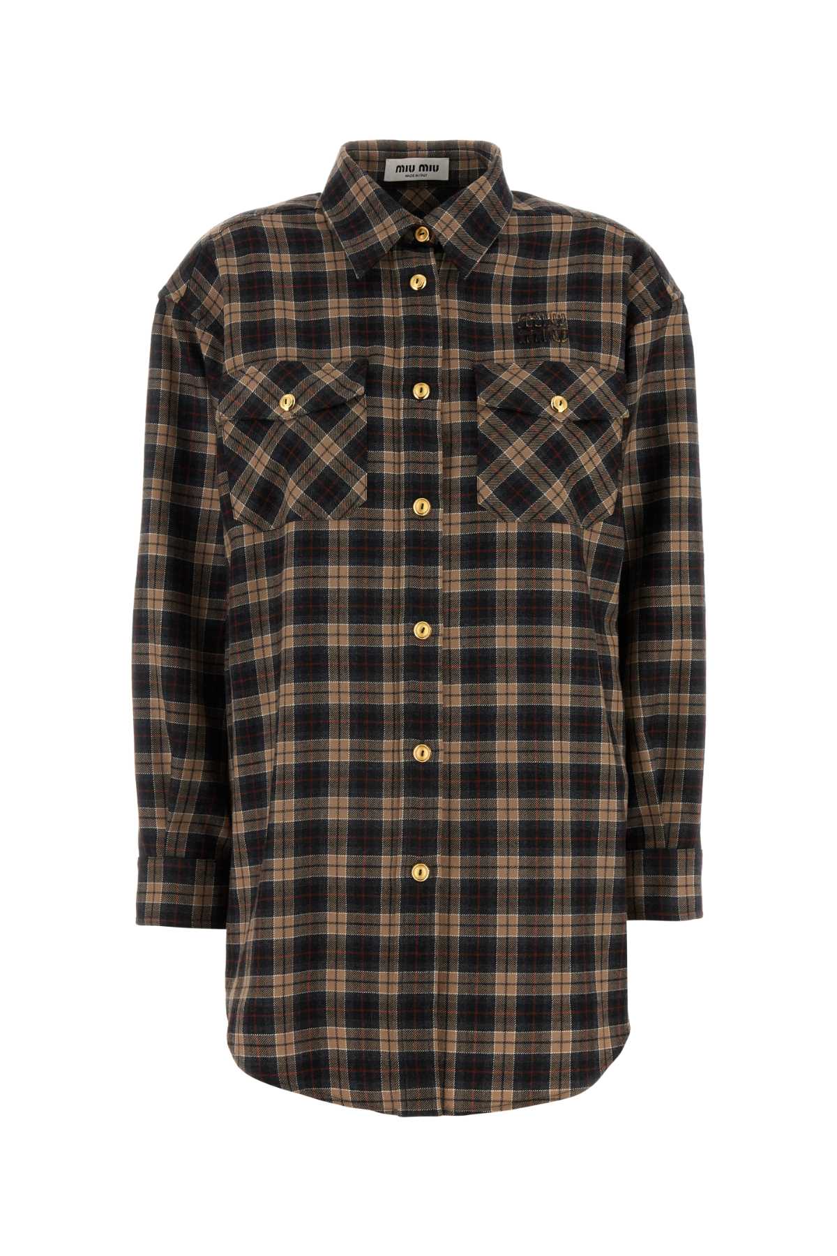 Miu Miu Plaid Virgin Wool Shirt — Brown