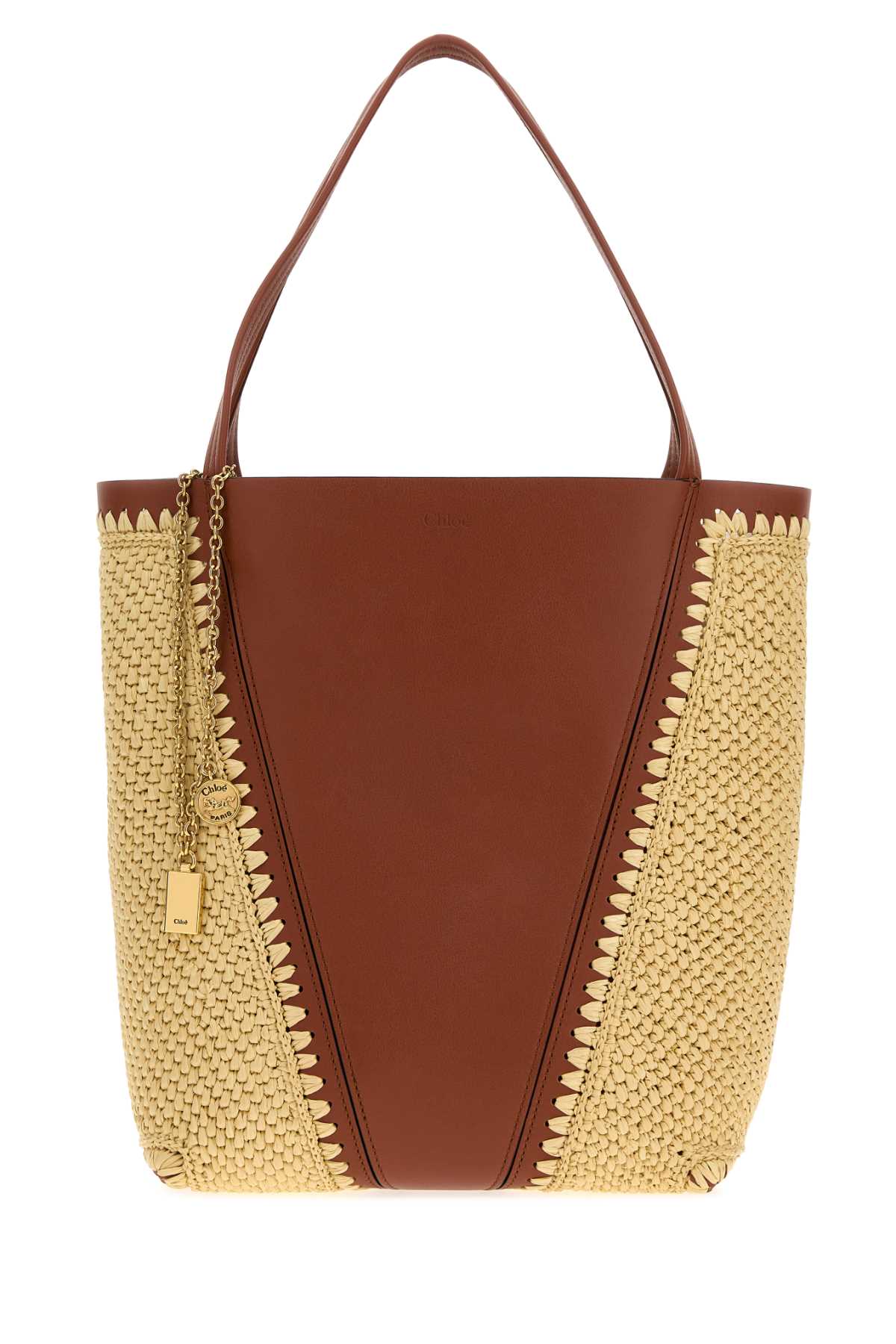 Chloé Leather and Raffia Colour-Block Shoulder Bag — Brown