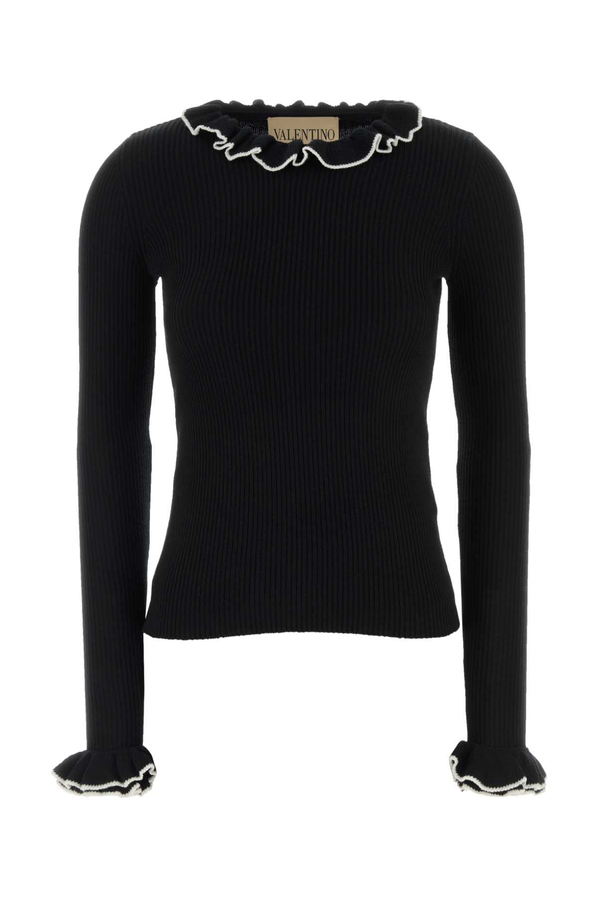 Valentino Garavani Ruffled Crew Neck Virgin Wool Sweater — Black