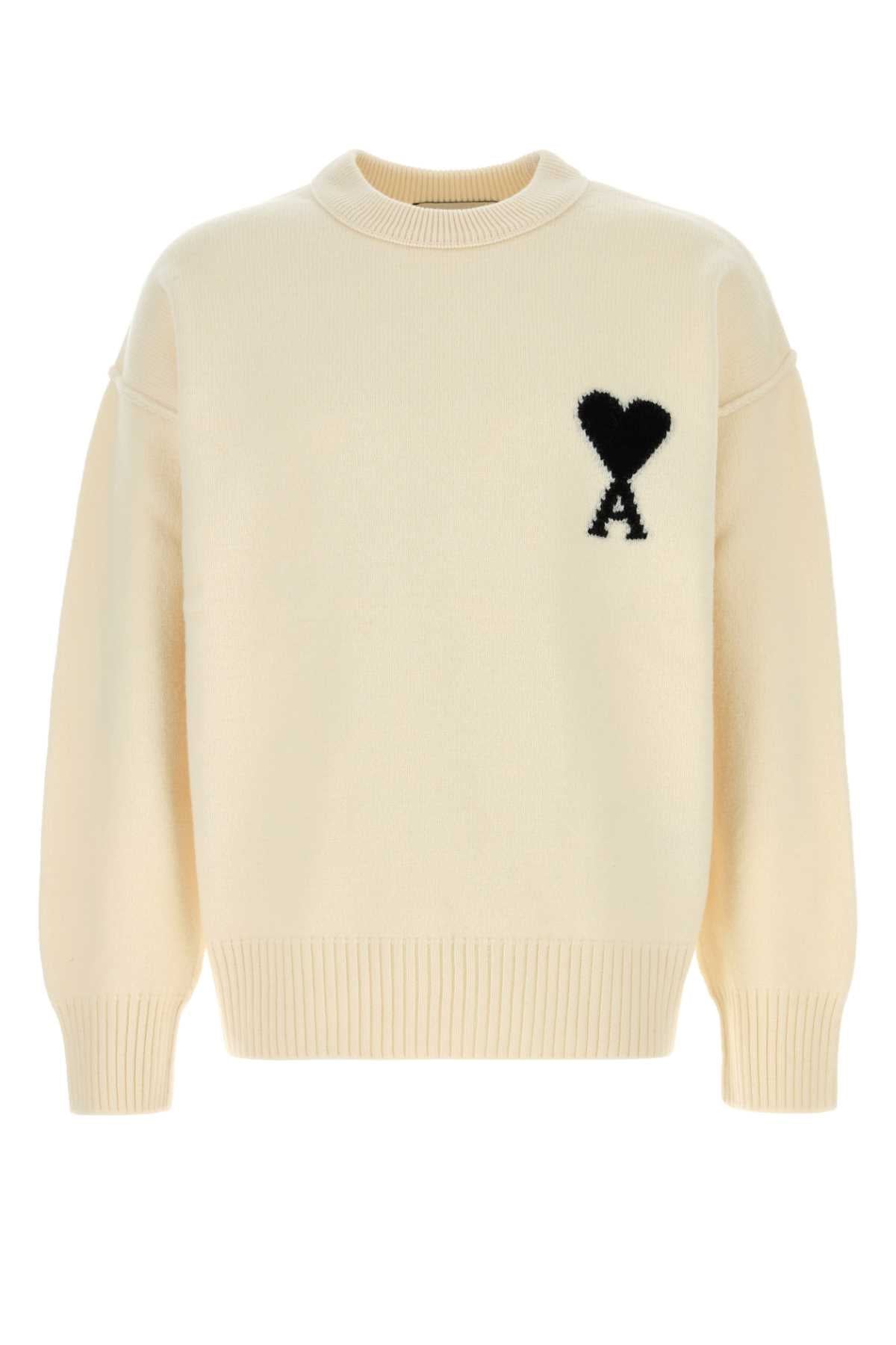 AMI Paris Heart Logo Intarsia Virgin Wool Sweater — Beige