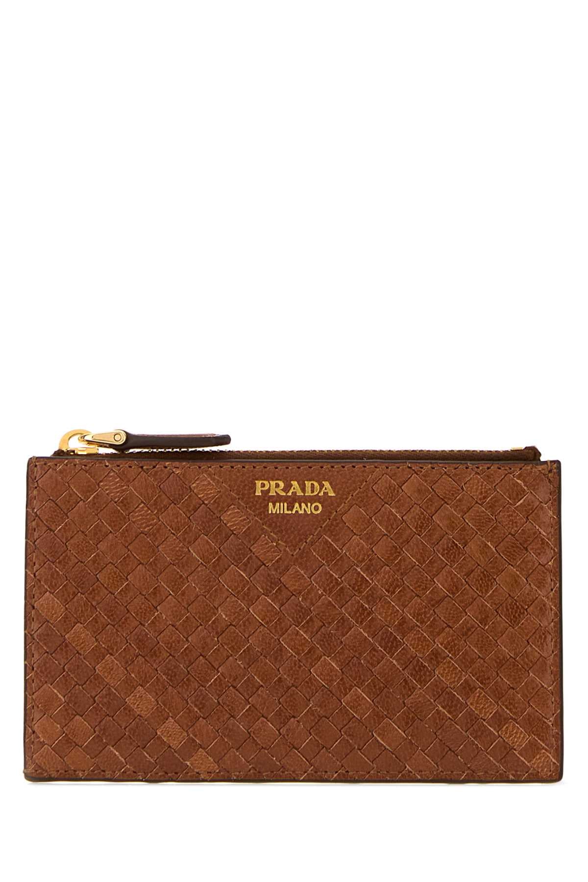 Prada Woven Leather Card Case — Brown