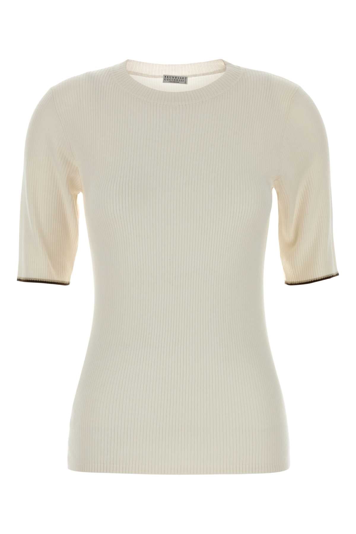 Brunello Cucinelli Cashmere Blend Ribbed T-Shirt — Beige