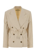 Dries Van Noten Double-Breasted Pinstriped Blazer — Beige