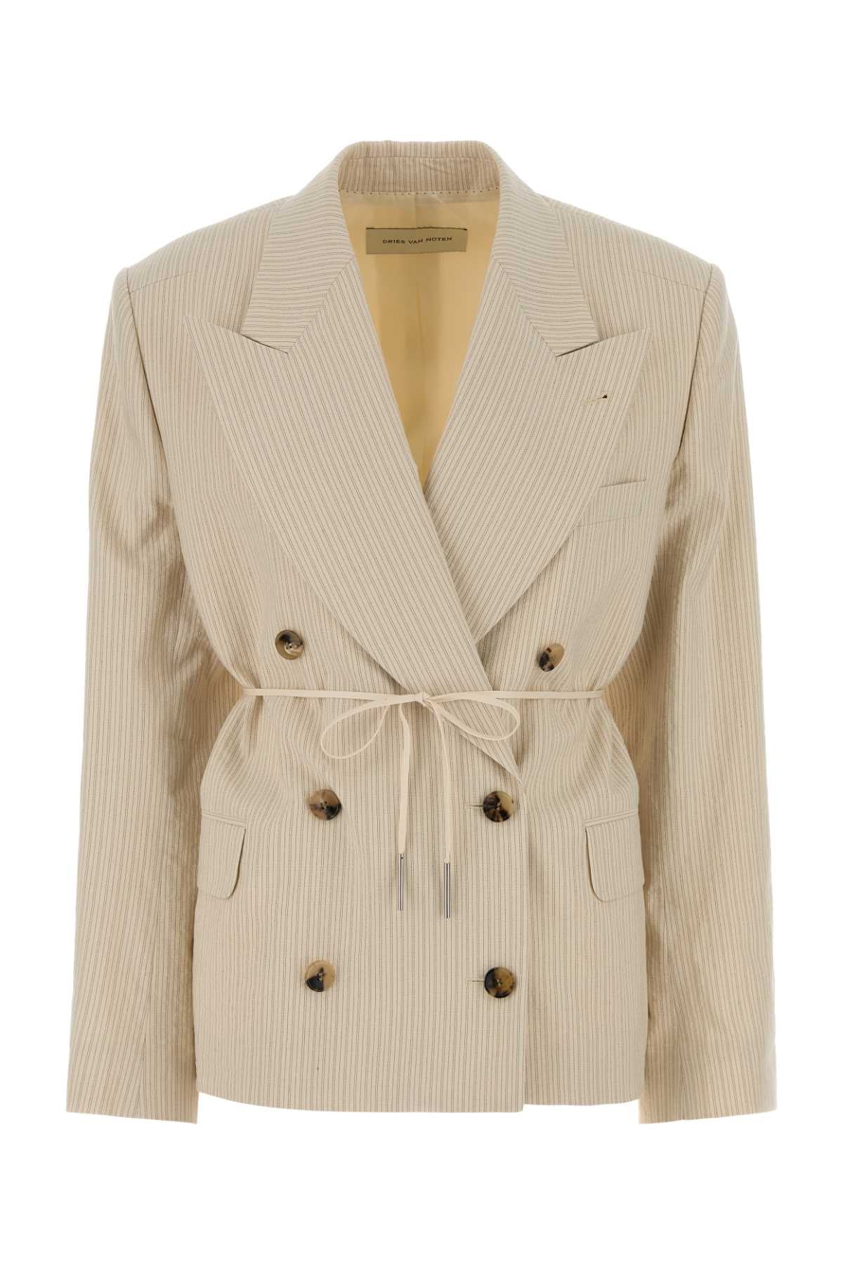 Dries Van Noten Double-Breasted Pinstriped Blazer — Beige