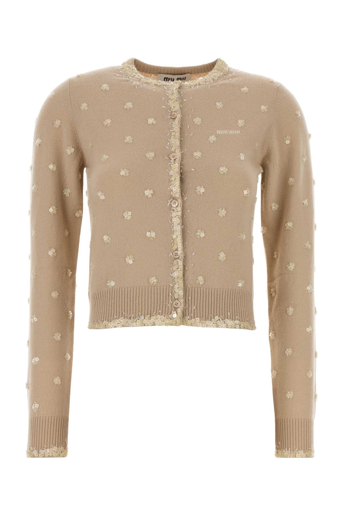 Miu Miu Embroidered Cashmere Cardigan — Beige