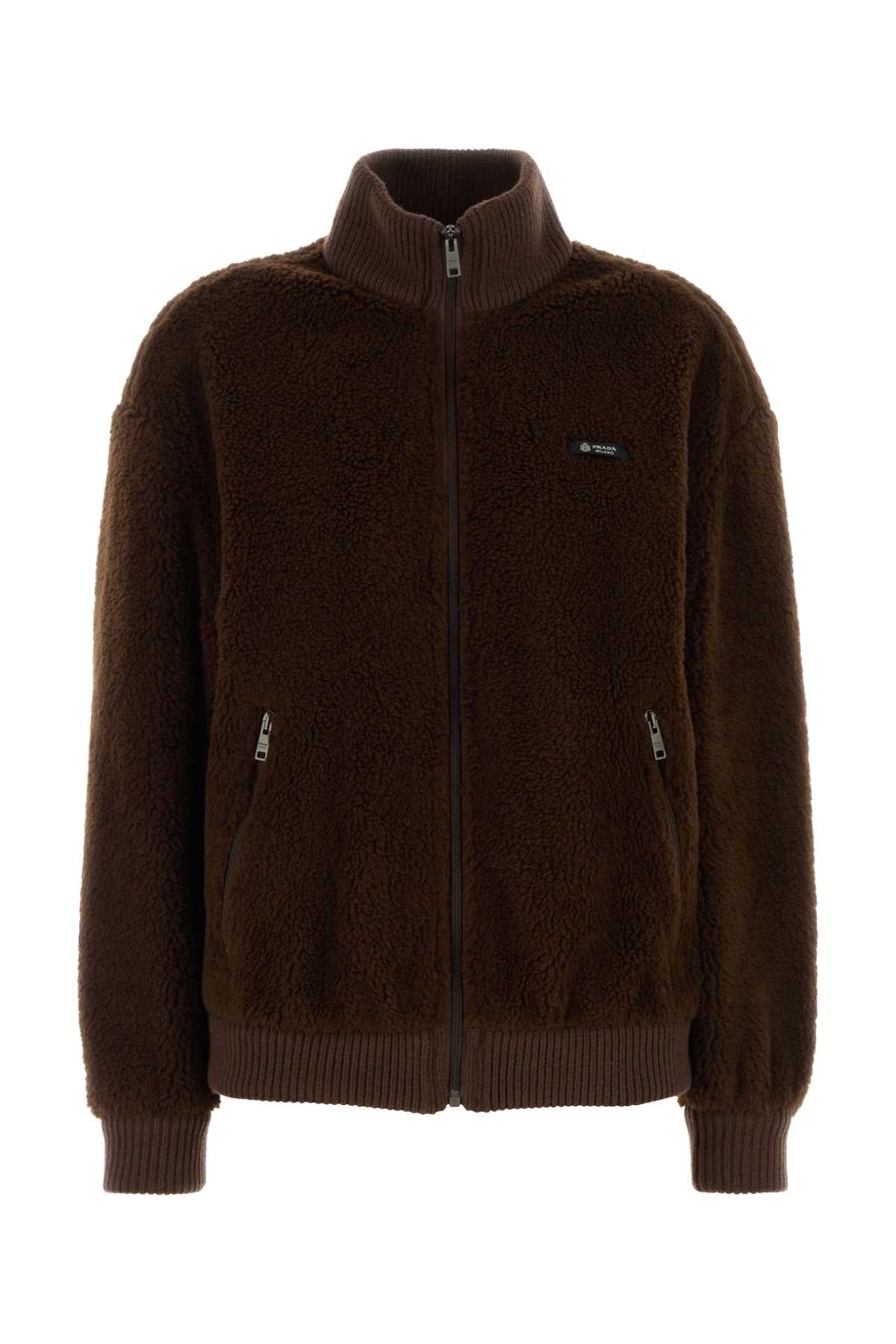 Prada Virgin Wool Pile Bomber Jacket — Brown