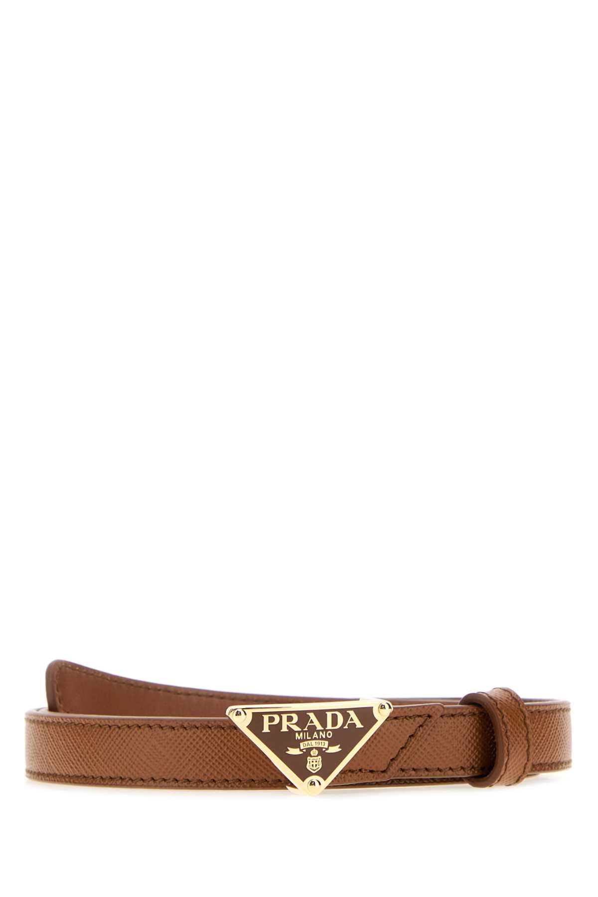 Prada Triangle Logo Leather Belt — Cognac